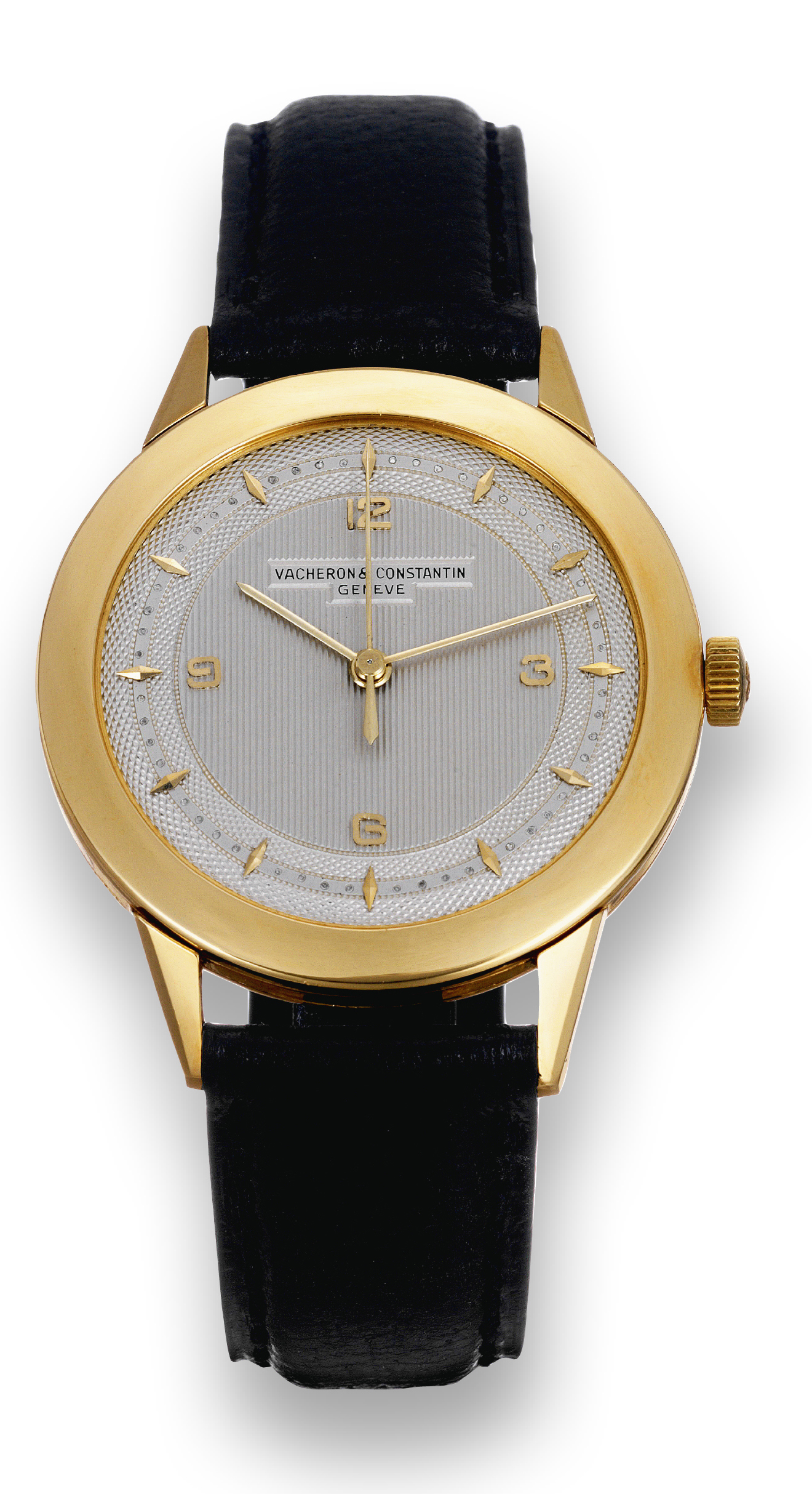 Yellow Gold Ref. 4710
Vacheron & Constantin,
Genève, movement No. 492035, case
No. 323403, Ref. 4710. Made in 1951.
Very fine and rare, indirect center
seconds, 18K yellow gold wristwatch.