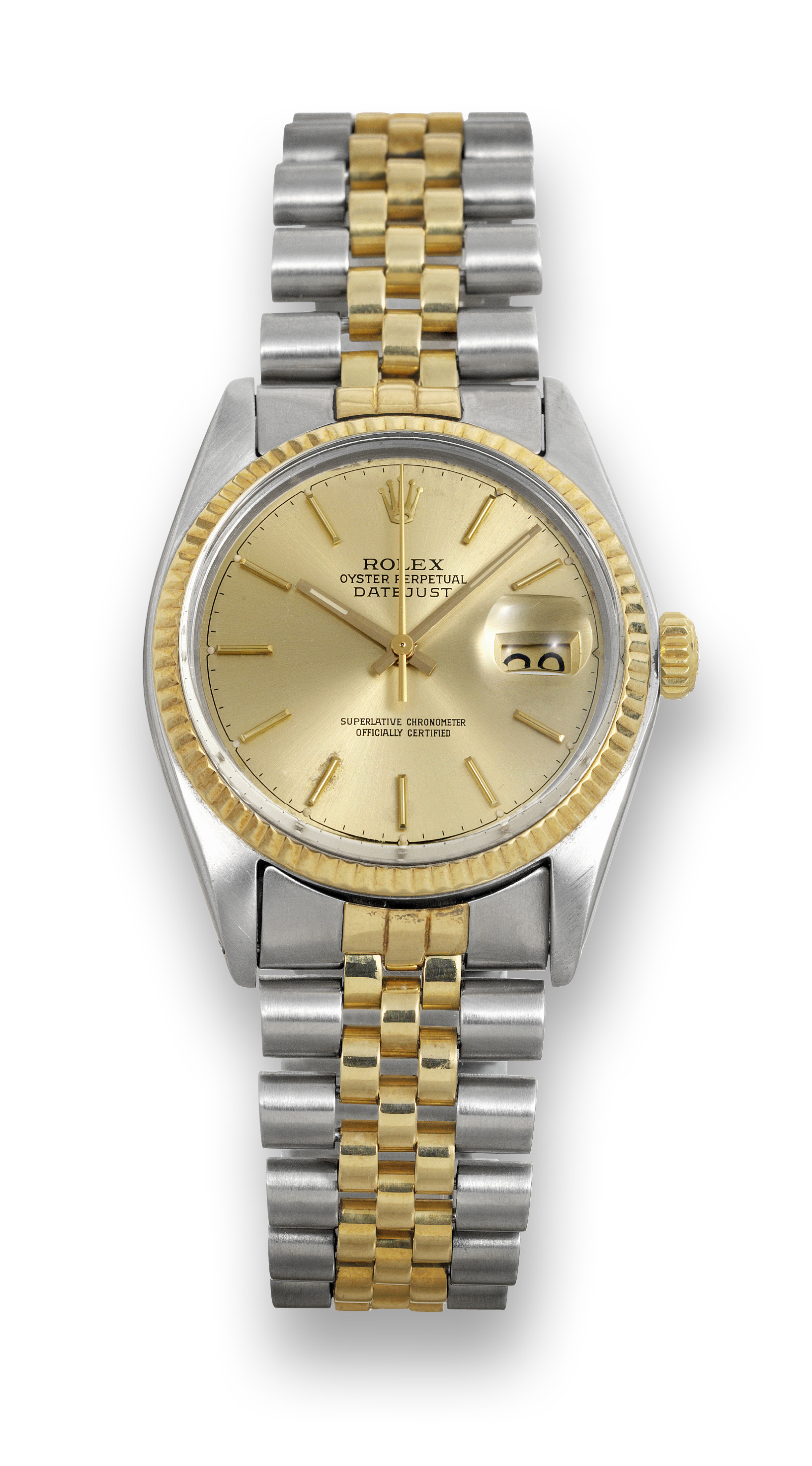 Rolex Ref. 16013, Steel and Gold Datejust
Rolex, "Oyster Perpetual Datejust, Superlative Chronometer
Officially Certified?, case No. 5177837, Ref. 16013/16000.
Made in 1977.
Fine, center seconds, self-winding, water-resistant, stainless
steel and 18K yellow gold chronometer wristwatch with
date and a stainless steel and 14K yellow gold Rolex Jubilee
bracelet.