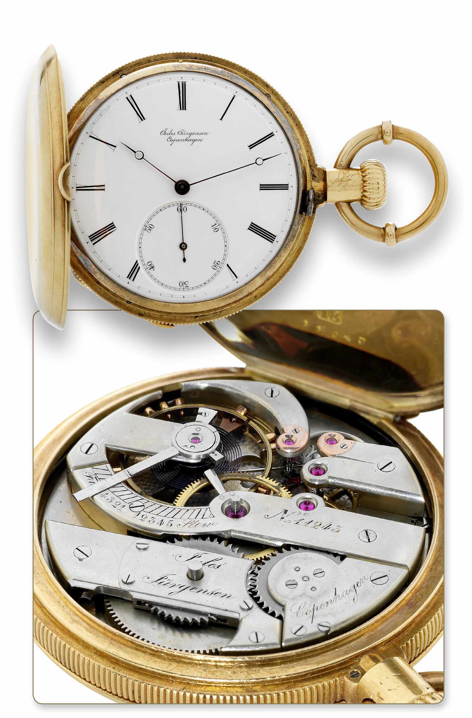 Jules Jürgensen keyless chronometer
Jules Jürgensen, Copenhagen, No. 11243. Made circa 1880.
Very fine, hunting-cased, keyless, 18K yellow gold pocket
chronometer with pivoted detent escapement and
Jürgensen's winding and hand-setting mechanism, patented
on Jan. 15th, 1867.