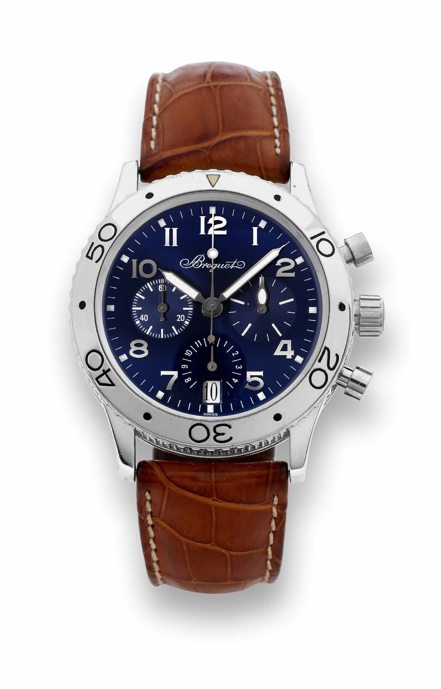 BREGUET TYPE XX PLATINUM
TRANSATLANTIQUE
Breguet, No. 4260 H, Ref. 3820. Made in the
late 1990's.
Very fine and rare, self-winding, water-resistant,
platinum wristwatch with ?retour en vol? round
button chronograph, registers, date and a
platinum Breguet deployant clasp.