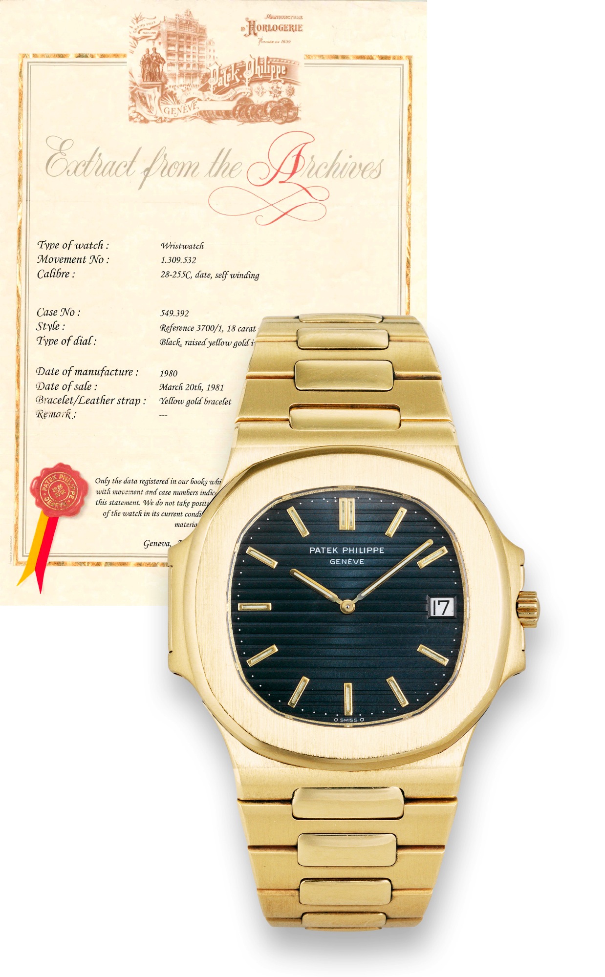 Patek Philippe, Ref. 3700/1 Gold Jumbo
Patek Philippe, Genève, "Nautilus", movement No. 1309532,
case No. 549392, Ref. 3700/1. Made in 1980, sold on March
20th, 1981.
Very fine and very rare, water-resistant, oversized, "carré
galbé", self-winding, 18K yellow gold wristwatch with date
and an integral 18K yellow gold Patek Philippe bracelet
with deployant clasp. Accompanied by the Extract from the
Archives.