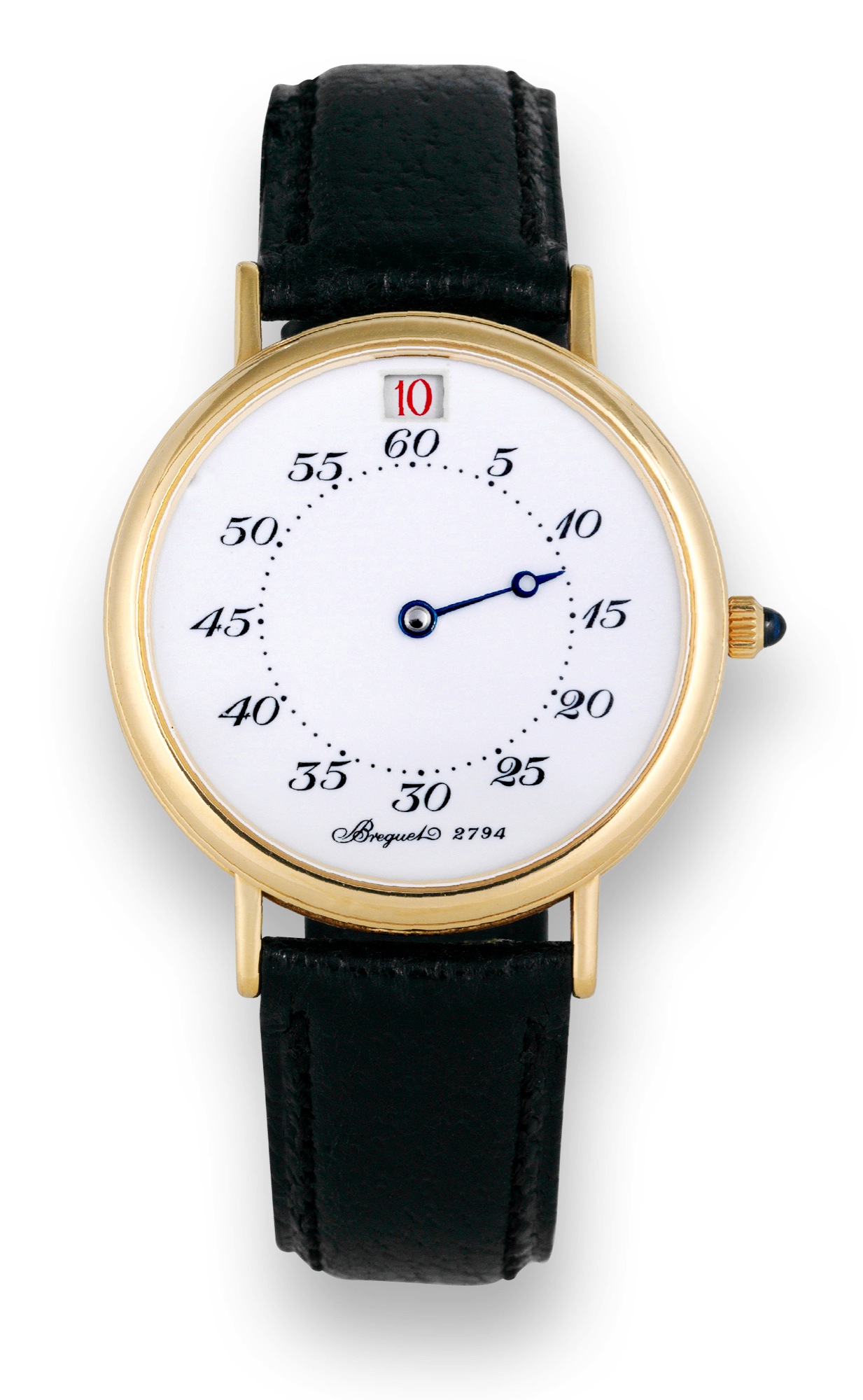 Breguet, "Heures Sautantes, No 2794", case
No. 260 / 800, Ref. 3420. Produced in a limited edition of 800
examples in 1990.
Very fine and rare, jumping-hour, self-winding, 18K yellow
gold wristwatch with regulator-type enamel dial and an 18k
yellow gold buckle.