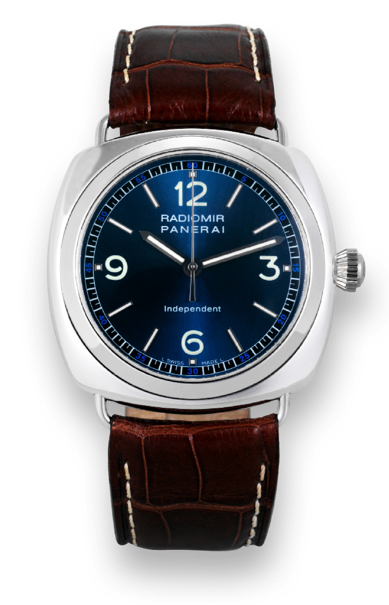 Panerai, PAM 80 Independent
Panerai, "Radiomir ? Independent?, No. D 009/160, Ref. OP
6551. Made in a limited edition of 160 examples in 2001.
Very fine and rare, large, cushion-shaped, water-resistant,
dead center-seconds, 18K white gold wristwatch with an 18K
white gold Panerai buckle. With Certificate.