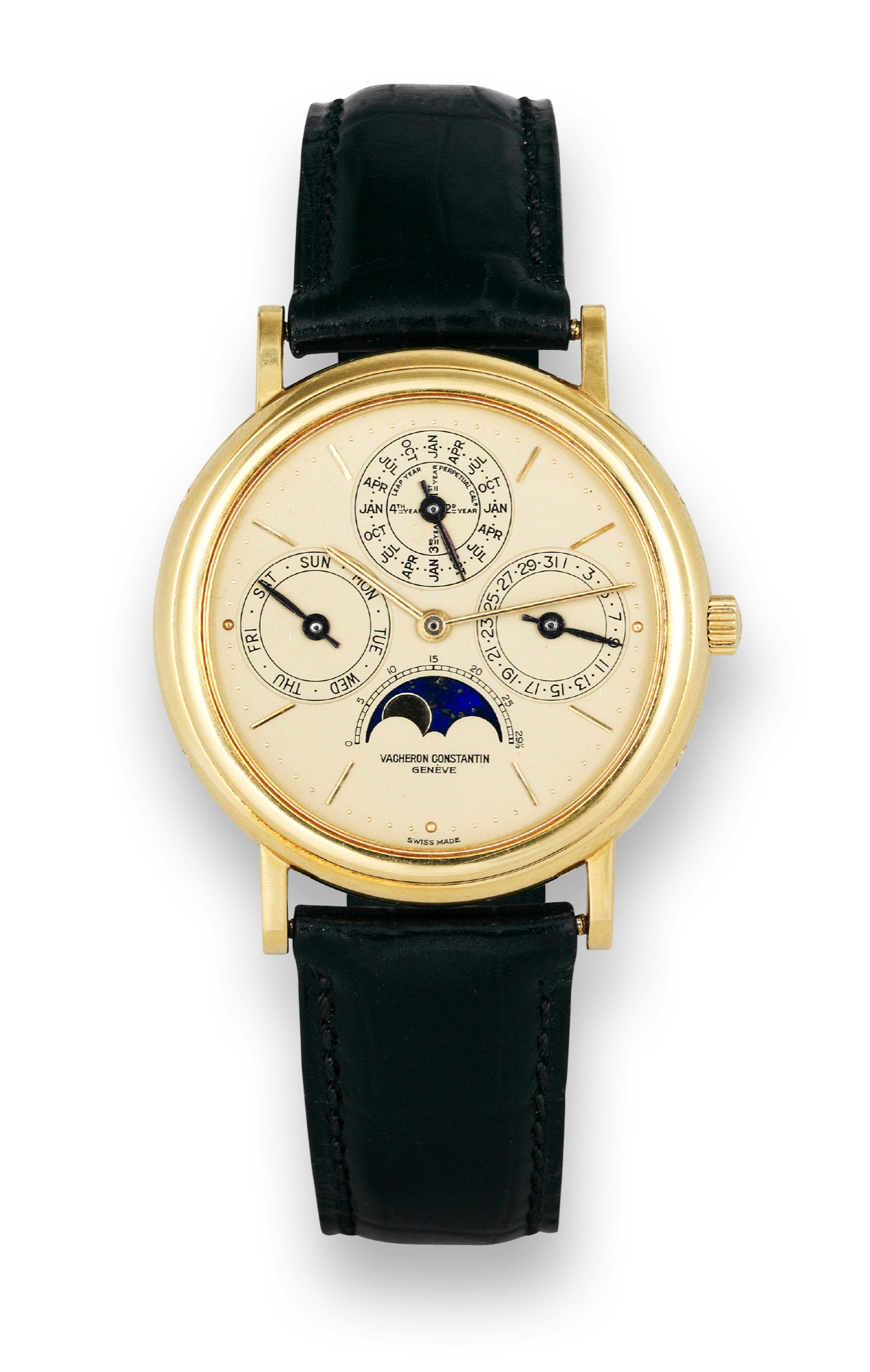 VC perpetual Calendar
Vacheron Constantin, Genève, movement No. 709092, case
no. 565750, Ref. 43031/1. Made in the 1990s.
Very fine, astronomic, self-winding, 18K yellow gold
wristwatch with perpetual calendar and moon phases,
and an 18K yellow gold Vacheron Constantin buckle.