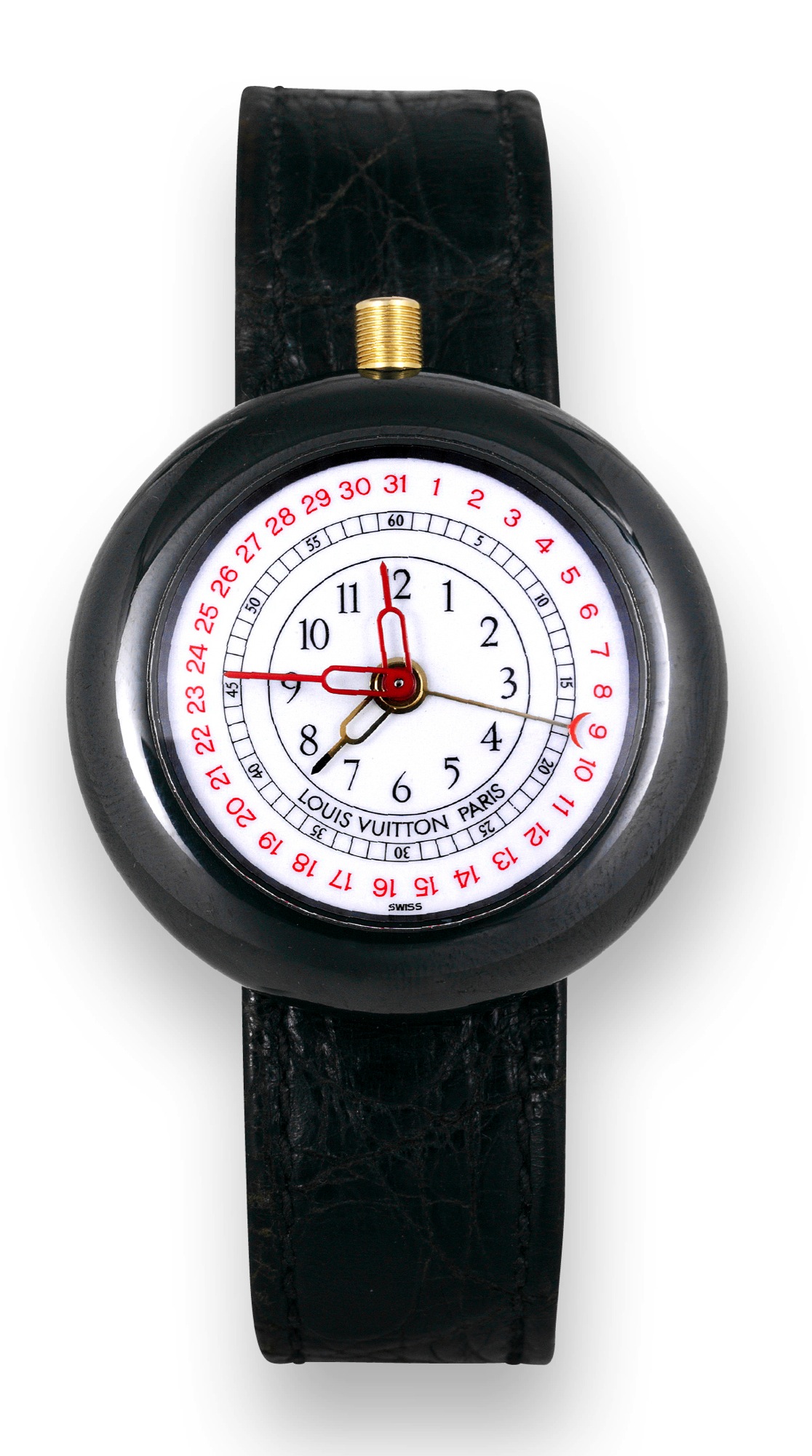 IWC & Louis Vuitton
Ceramic Alarm
Louis Vuitton, Paris, "Ceramic Alarm",
Ref. 3100, case No. 2415395. Made in
1998.
Fine and unusual, ceramic quartz
wristwatch with alarm, date and a goldplated
Louis Vuitton buckle.