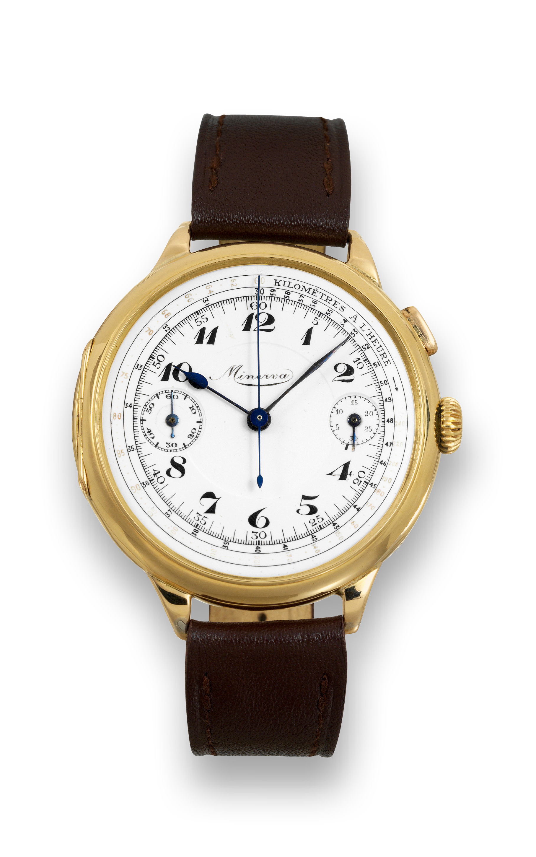 Minerva Monopoussoir Chronograph
Minerva, movement No. 1348534, case No. 291846. Made in
the 1940's.
Fine and rare, oversized, 18K yellow gold wristwatch with
single-button chronograph, register and tachometer.
