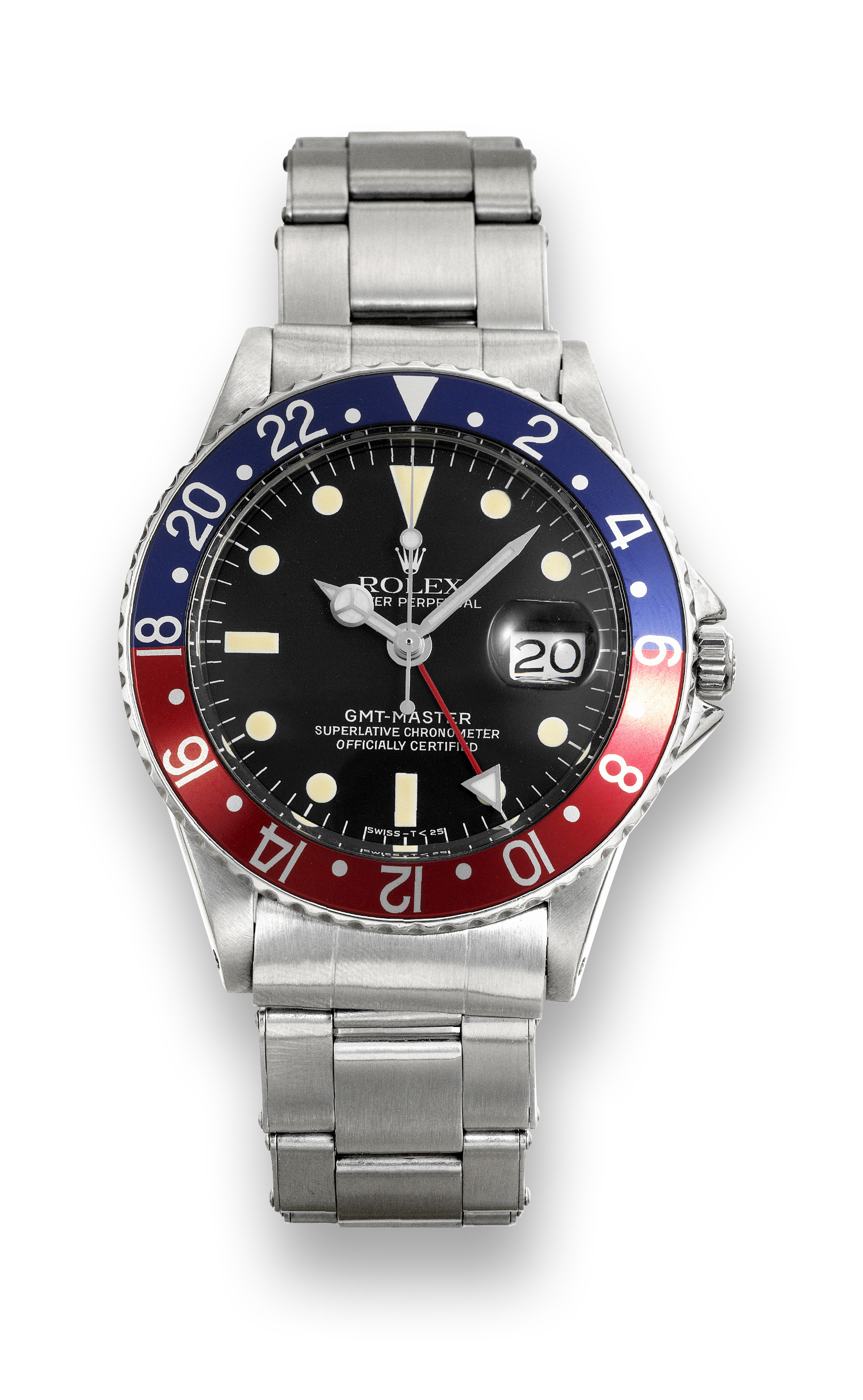 Rolex Ref. 1675 Pointed Crown Guards
Rolex, "Oyster Perpetual, GMT-Master, Superlative
Chronometer, Officially Certified", case No. 695332,
Ref. 1675. Made in 1972.
Fine and rare, two time zone, center seconds, self-winding,
water-resistant, stainless steel wristwatch with date, special
24-hour bezel and hand and a stainless steel Rolex Oyster
riveted bracelet. Accompanied by a service invoice from
Rolex, Geneva, dated March 2006.