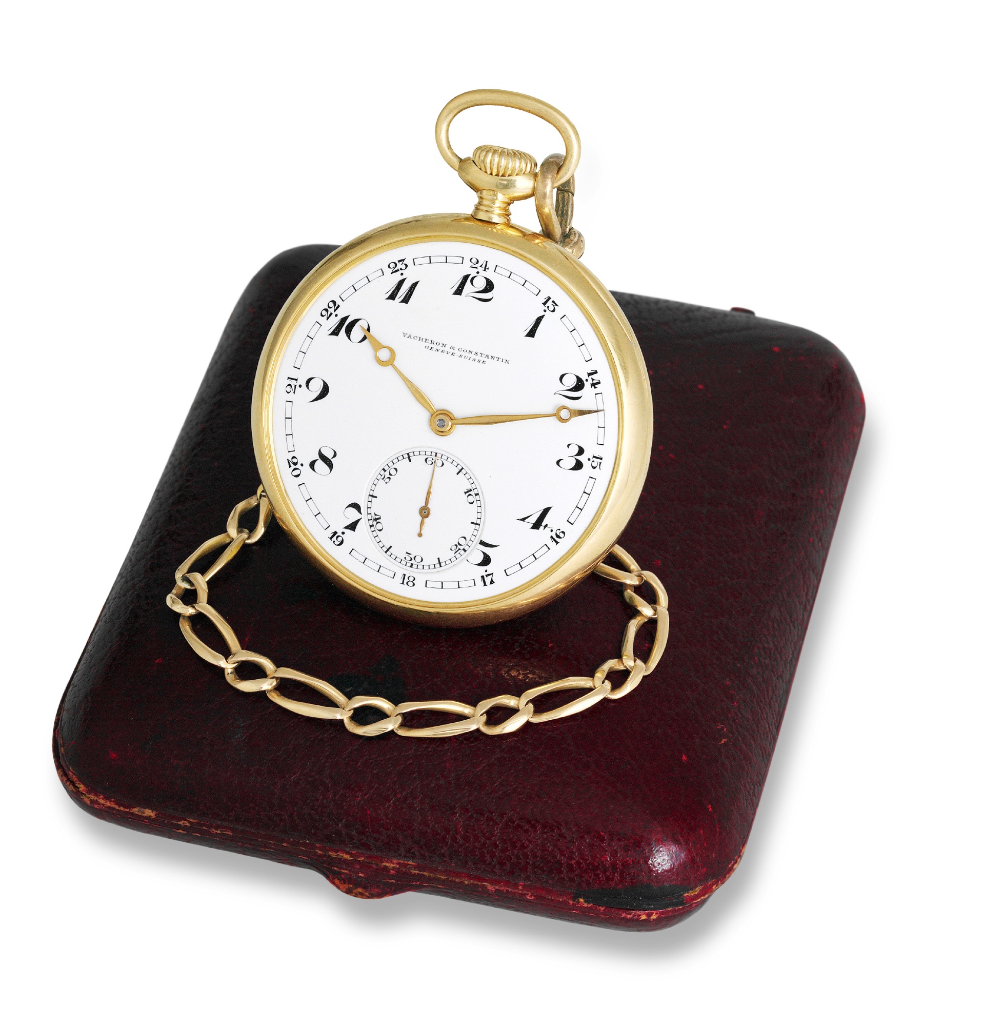 Vacheron & Constantin, Breguet
Numerals and 24 hour dial
Vacheron & Constantin, Genève-Suisse, movement
No. 417271, case No. 258716. Made circa 1920.
Fine and elegant, 18K yellow gold keyless dress pocket watch
with a yellow gold long chain. Accompanied by a fitted box.