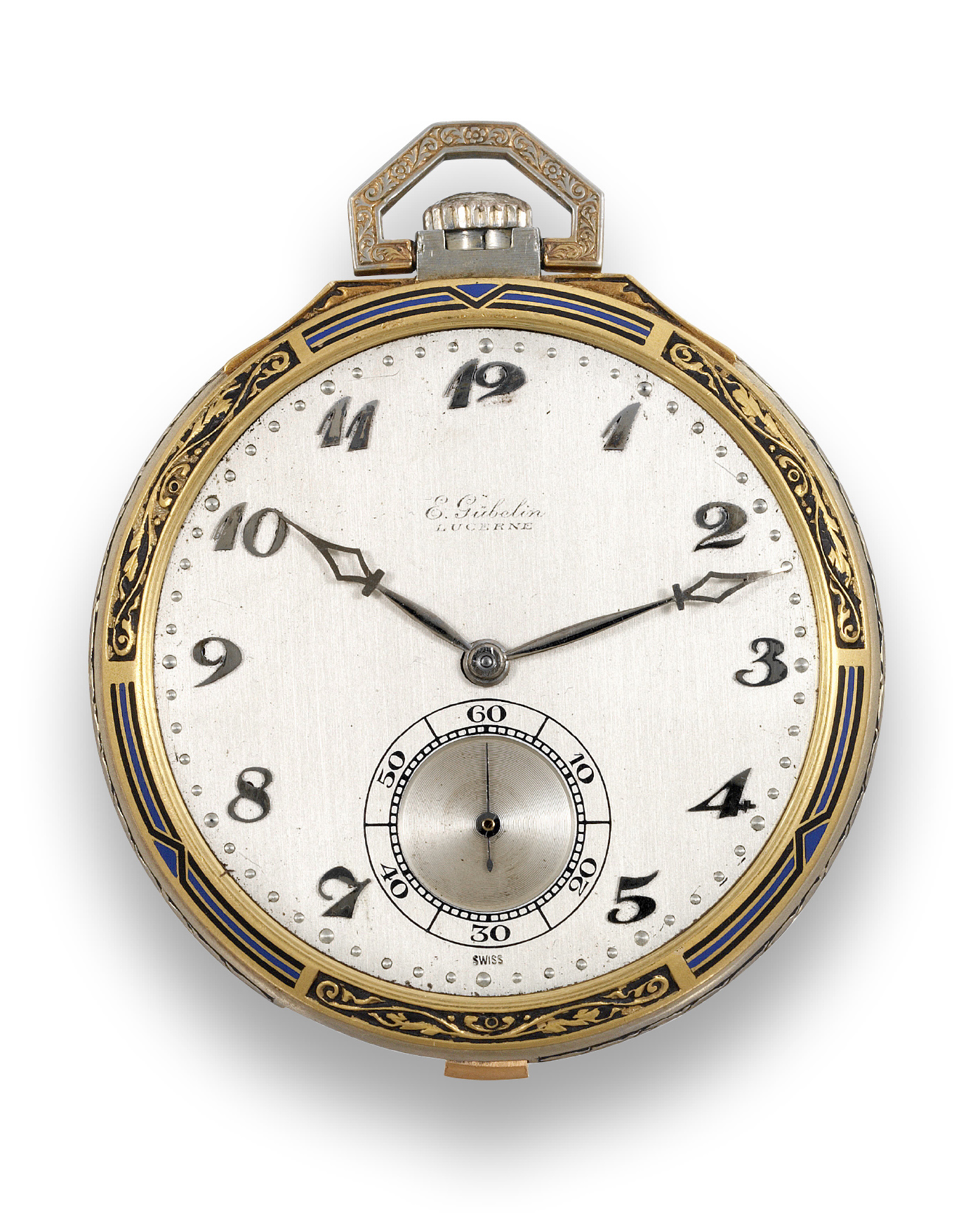 Gübelin ? Minute Repeating
Bicolor Gold & Enamel
E. Gübelin, Lucerne, No. 63367. Made circa 1920.
Very fine, rare and slim, minute-repeating, 18K yellow and
white gold and enamel keyless dress watch.