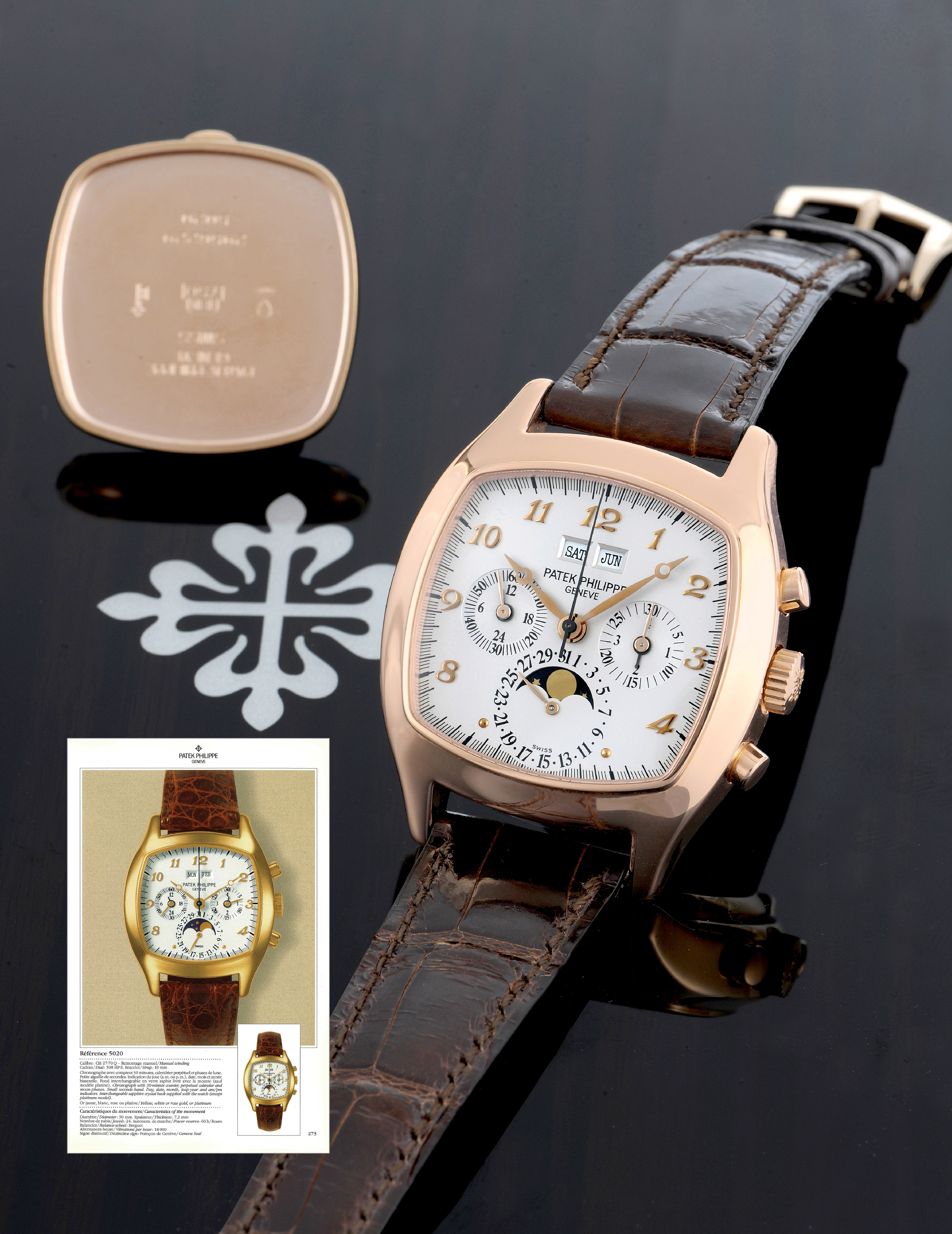 Patek Philippe Pink Gold ?TV Watch?

Patek Philippe, Genève, movement No. 3045046, case No. 2956229, Ref. 5020R.Made in 1994, sold on November 24th, 1994.

Very fine and very rare, tonneau-shaped, water-resistant, 18K pink gold wristwatch with round button chronograph, register, perpetual calendar, leap year and 24-hour indication, moon phases and an 18K pink gold Patek Philippe buckle. Accompanied by a fitted box, and a spare solid 18K pink gold case back, and the Extract from the Archives.