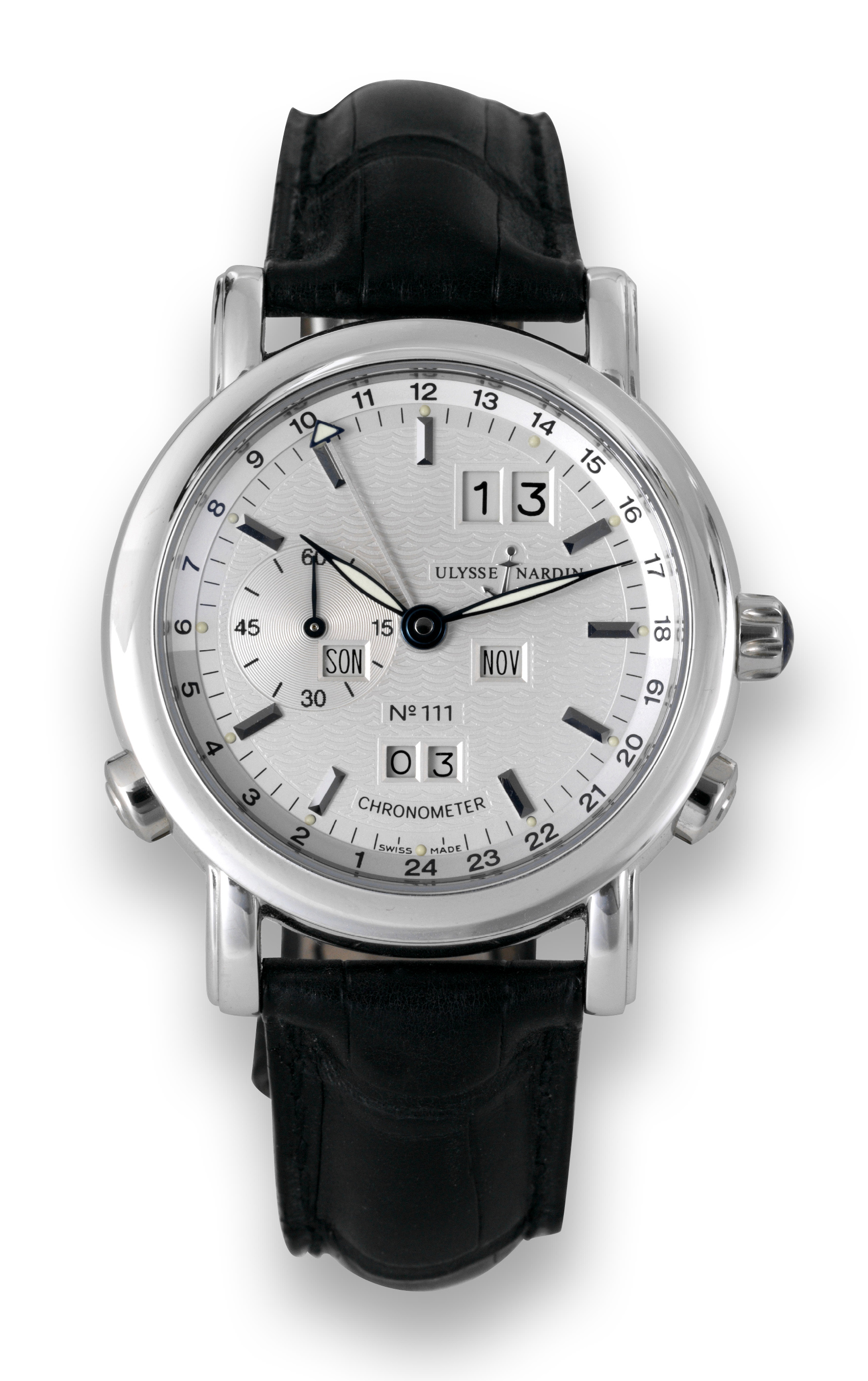 Ulysse Nardin Platinum Perpetual
Calendar GMT ? Limited Edition
Ulysse Nardin, "Perpetual Calendar- GMT Chronometer",
No. 111/500, Ref. 329-80. Made in a limited edition of 500
pieces in 2003.
Very fine, self-winding, water-resistant, two time zone,
platinum chronometer wristwatch with perpetual calendar,
24-hour day and night indication and an 18K white gold
Ulysse Nardin deployant clasp. Accompanied by Ulysse Nardin box, Certificate, COSC  certificate and booklet