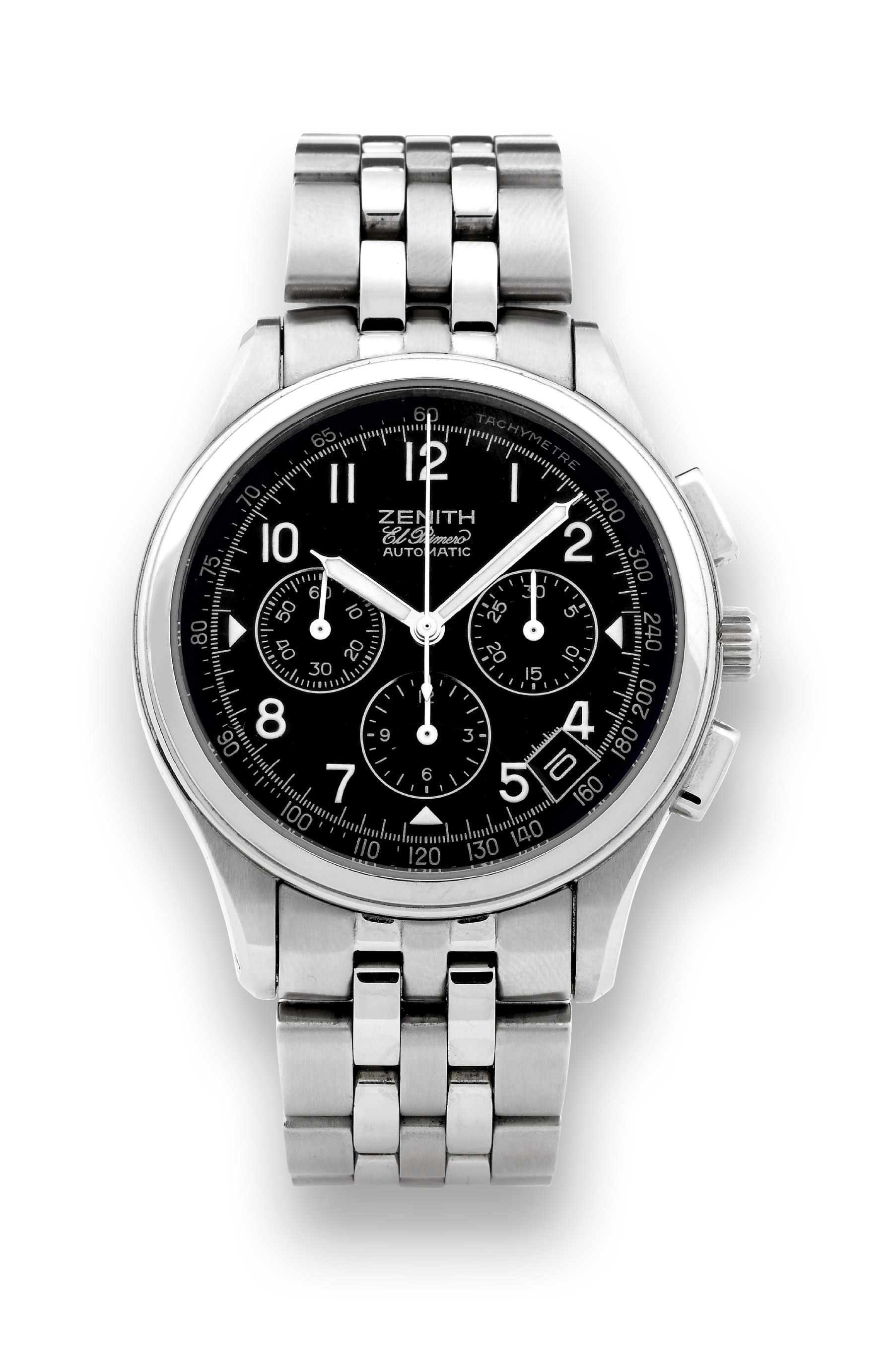 Zenith Steel El Primero Chronograph
Zenith, "El Primero, Automatic," Ref. 02.0500400. Made in
2001, sold July 19th, 2002.
Fine, self-winding, water-resistant, stainless steel wristwatch
with date, oval button chronograph, registers, tachometer
and a stainless steel Zenith link bracelet with double
deployant clasp. Accompanied by the original fitted box,
guarantee (now void), instruction booklets and 4 spare links.