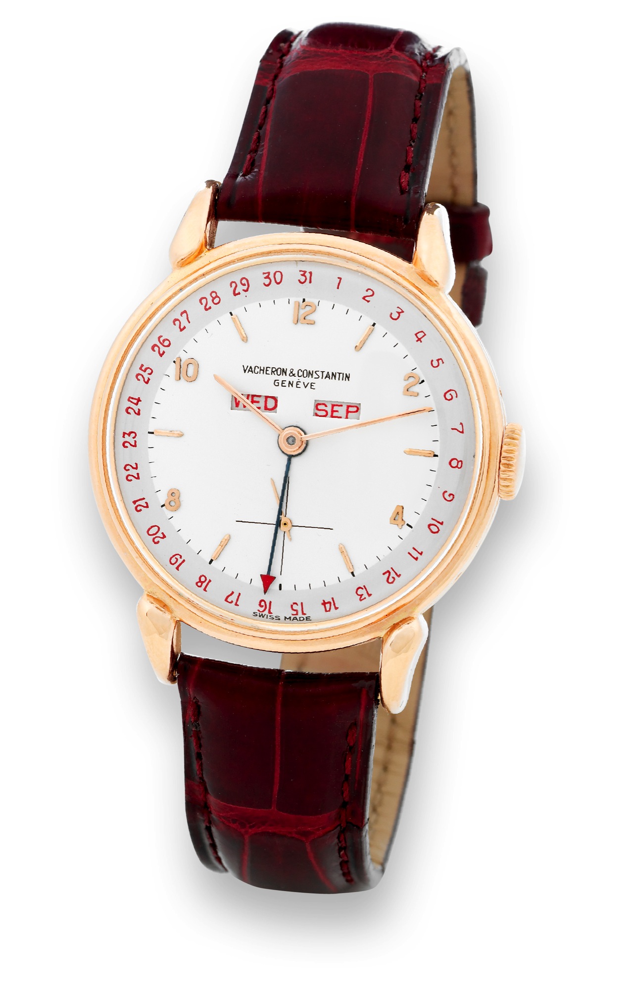 Vacheron & Constantin, Ref. 4240 -
Claw Lugs - Pink Gold
Vacheron & Constantin, Genève, No. 463329, case
No. 302458, Ref. 4240. Made circa 1947.
Fine and rare, 18K pink gold wristwatch with triple date
calendar, claw lugs and an 18K yellow gold Vacheron &
Constantin buckle. Accompanied by a service invoice from
Vacheron & Constantin dated March 19, 2010.