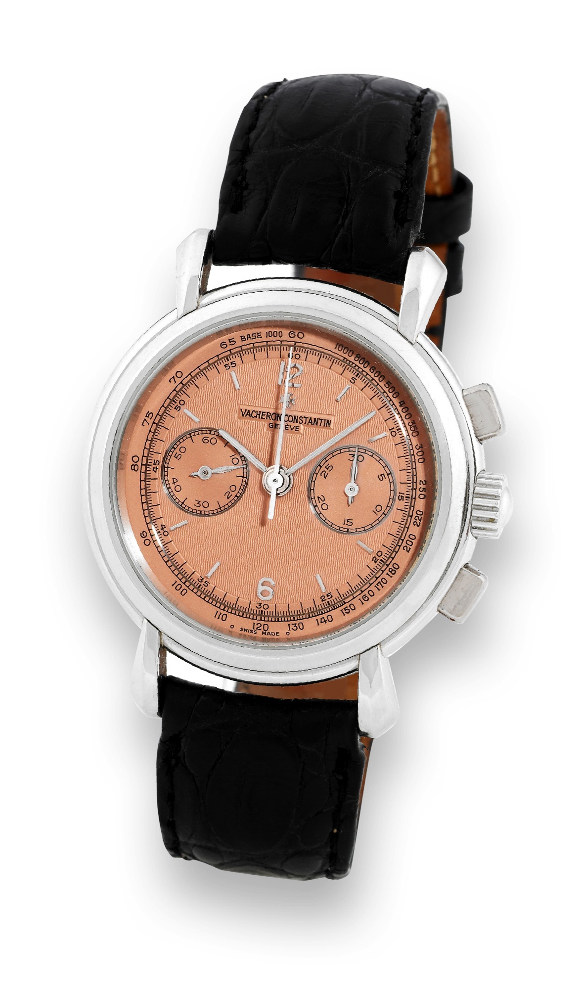 Vacheron & Constantin
Les Historiques platinum chronograph
Vacheron & Constantin, Genève, "Les Historiques",
No. 832197, case No. 652979, Ref. 47101/3. Produced in
the 1990s.
Very fine, platinum wristwatch with square button
chronograph, register, tachometer and a Vacheron Constantin
platinum buckle. Accompanied by a Vacheron & Constantin
pouch, certificate of origin and booklet.