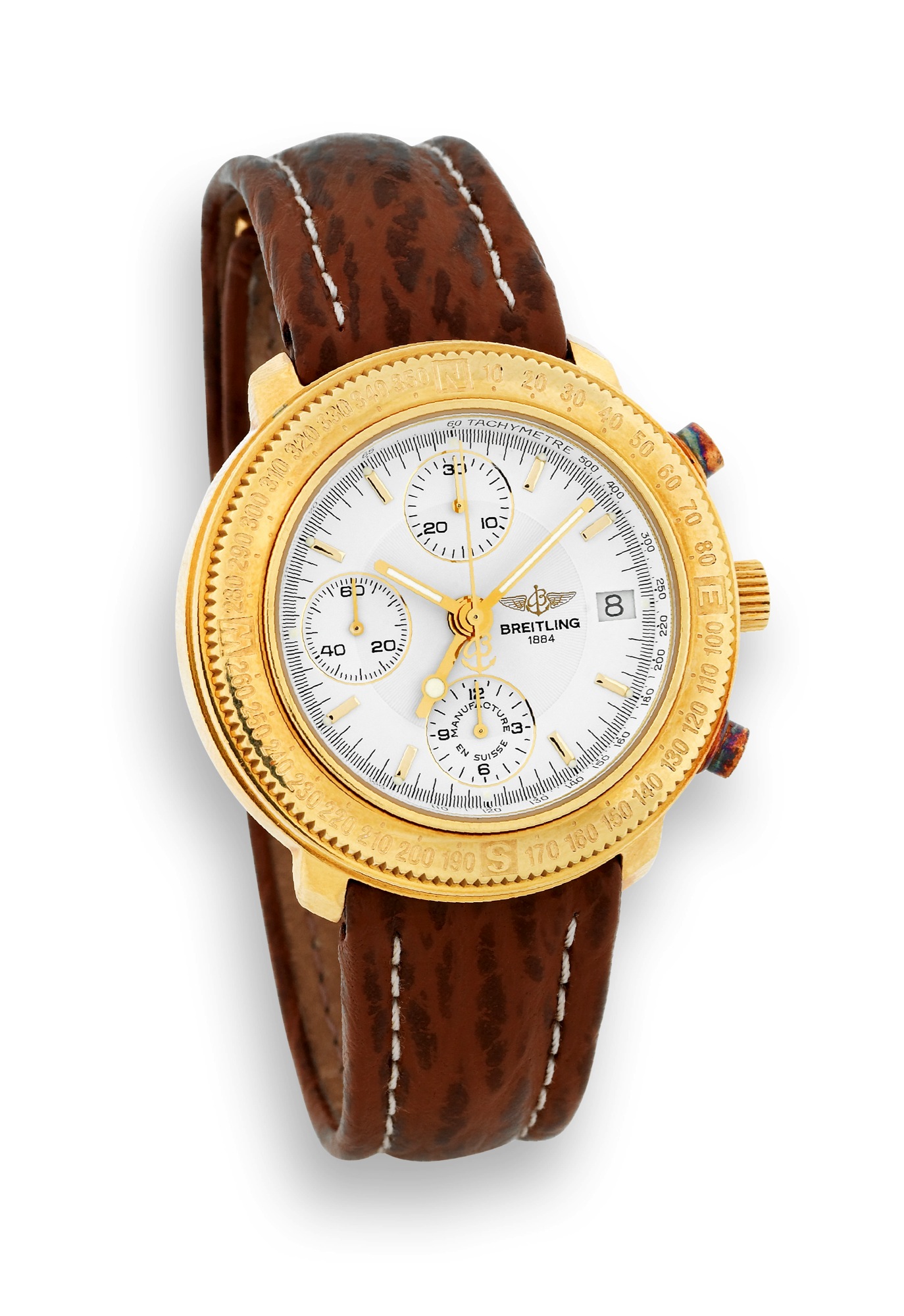 Breitling - Dual Time Zone- Longitude -
Chrono - AutomatIc
Breitling, Longitude, Automatic, Chronograph, Ref. K 20405.
Made in the 1990s.
Fine and rare, self-winding, water-resistant, 18K yellow
gold wristwatch with round button chronograph, registers,
tachometer, bezel with cardinal points and compass
graduation, date and an 18K yellow gold Breitling deployant
clasp.