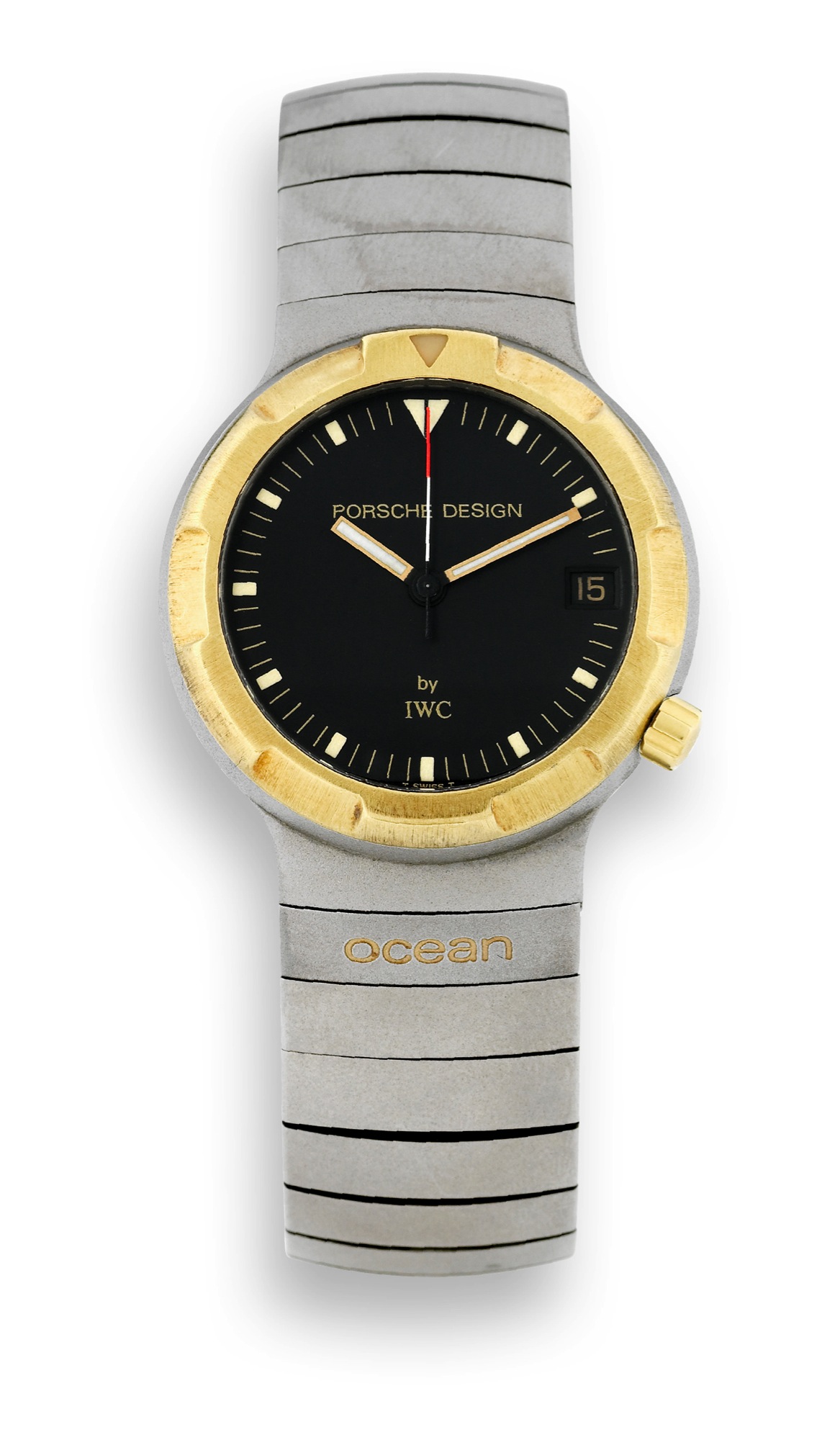 IWC - Porsche Design - Titanium - Ocean 500
International Watch Co., Schaffhausen, Porsche Design,
"Ocean 500," case No. 2527429, Ref. 3503. Made
circa 1980.
Fine, center seconds, self-winding, water-resistant, titanium
and yellow gold wristwatch with date, revolving bezel and
an integral titanium link bracelet with deployant clasp.
Accompanied by the original fitted box, guarantee and
instruction manual.