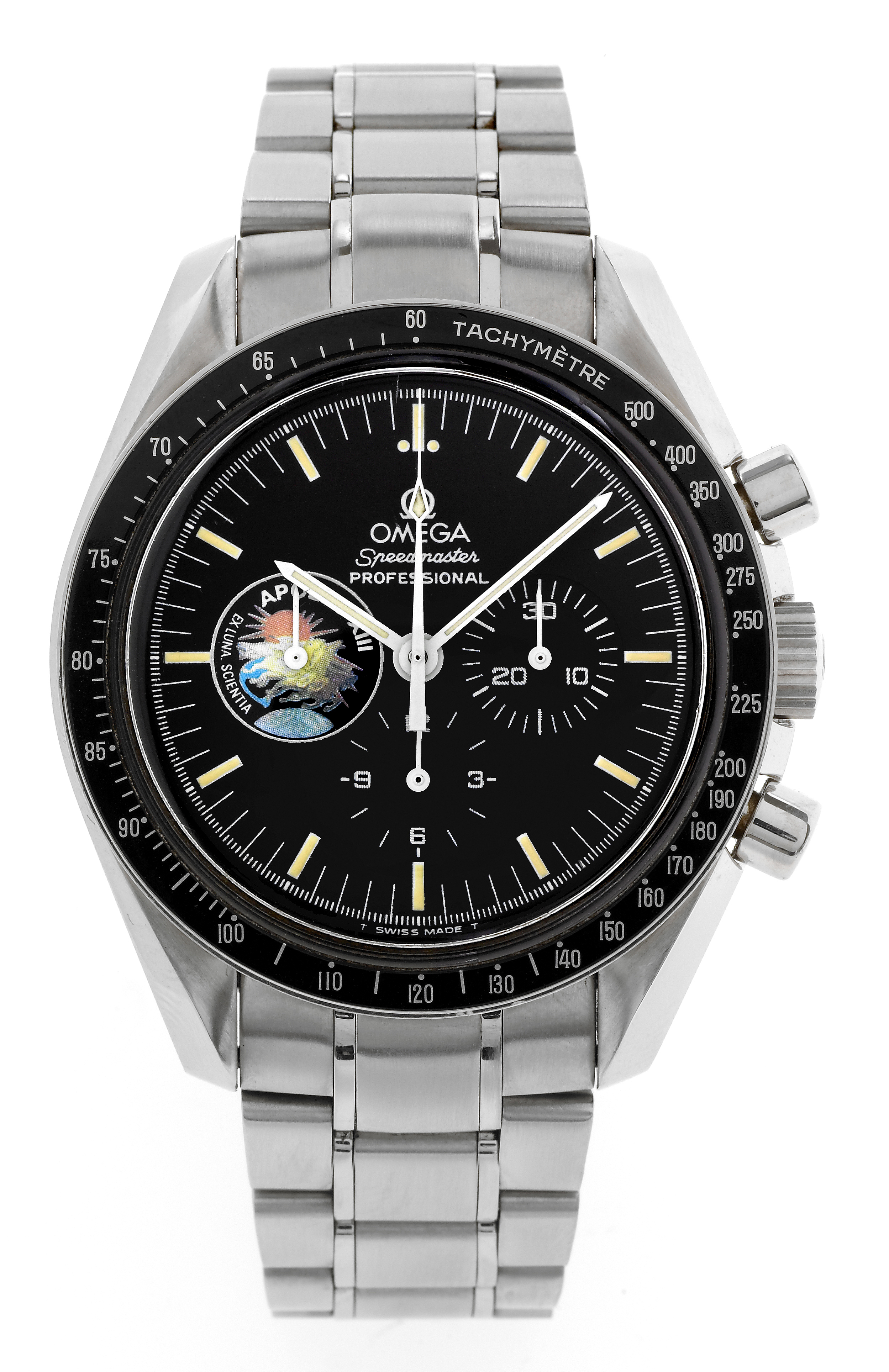 Apollo XIII
Omega, ?Speedmaster Professional - Apollo XIII - Ex
Luna Scientia,?No. 828/999,movementNo. 48341342,
Ref. ST 345.0022. Made in a limited edition of 999 pieces circa
2000.
Fine and rare,water-resistant, stainless steelwristwatchwith round
button chronograph, registers, black bezel with tachometer
graduation to 500 UPH and a stainless steel Omega link bracelet.