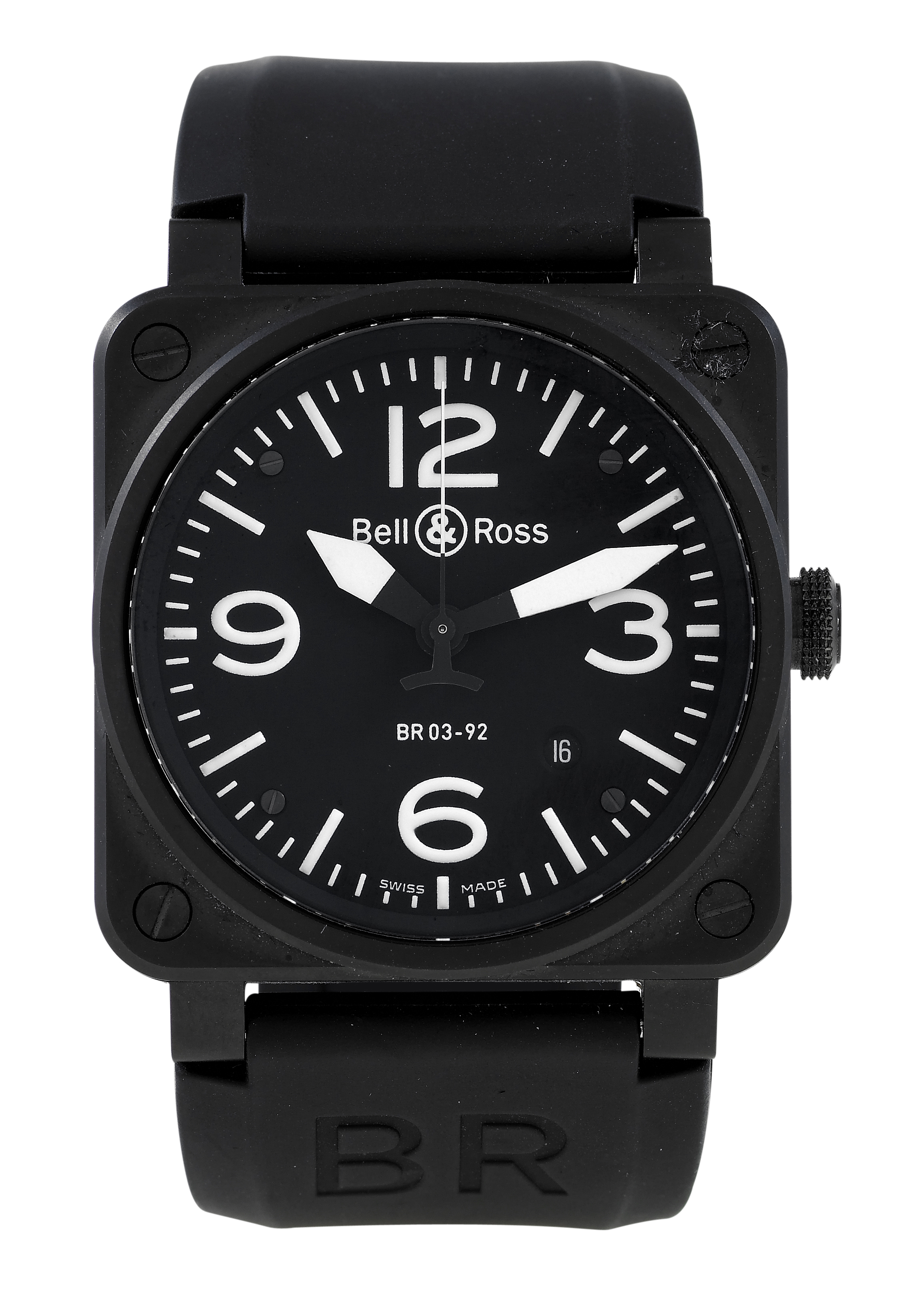 Bell & Ross, Ref. BR03-92-S-00913. Made circa 2007.
Fine, large, square, self-winding, water-resistant,
carbon-finished stainless steel wristwatch with centerseconds,
date and a black rubber Bell & Ross strap and carbonfinished
buckle. Accompanied by a blank guarantee card and
original fitted box.