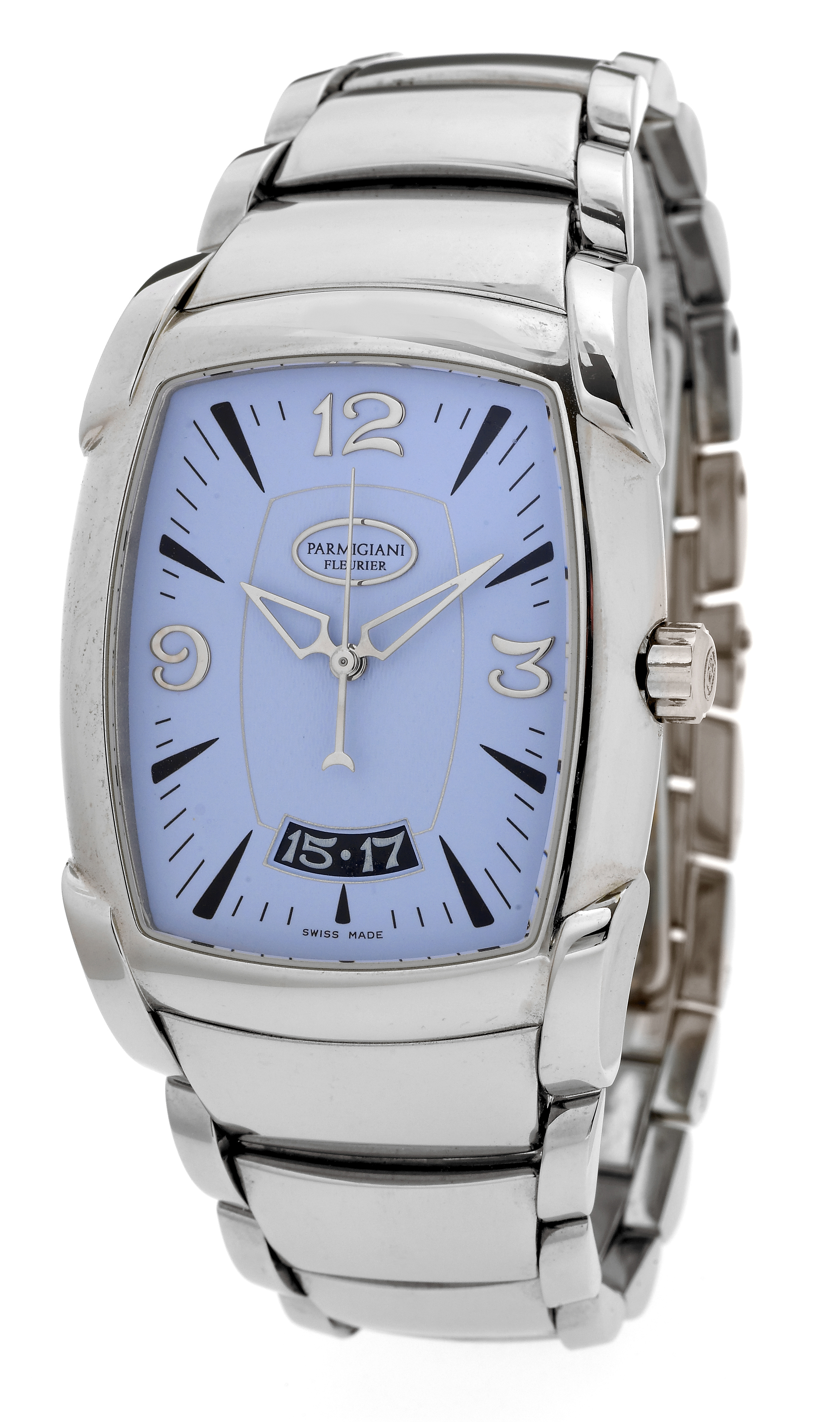 Forma Grande Steel
Parmigiani Fleurier, "Forma Grande Automatic," No.
56/100. Made in a limited edition of 100 examples circa 2004.
Very fine and unusual, tonneau-shaped, center seconds, selfwinding,
water-resistant, stainless steel wristwatch with date and
an integrated stainless steel Parmigiani link bracelet. Accompanied
by a fitted box and a certificate.