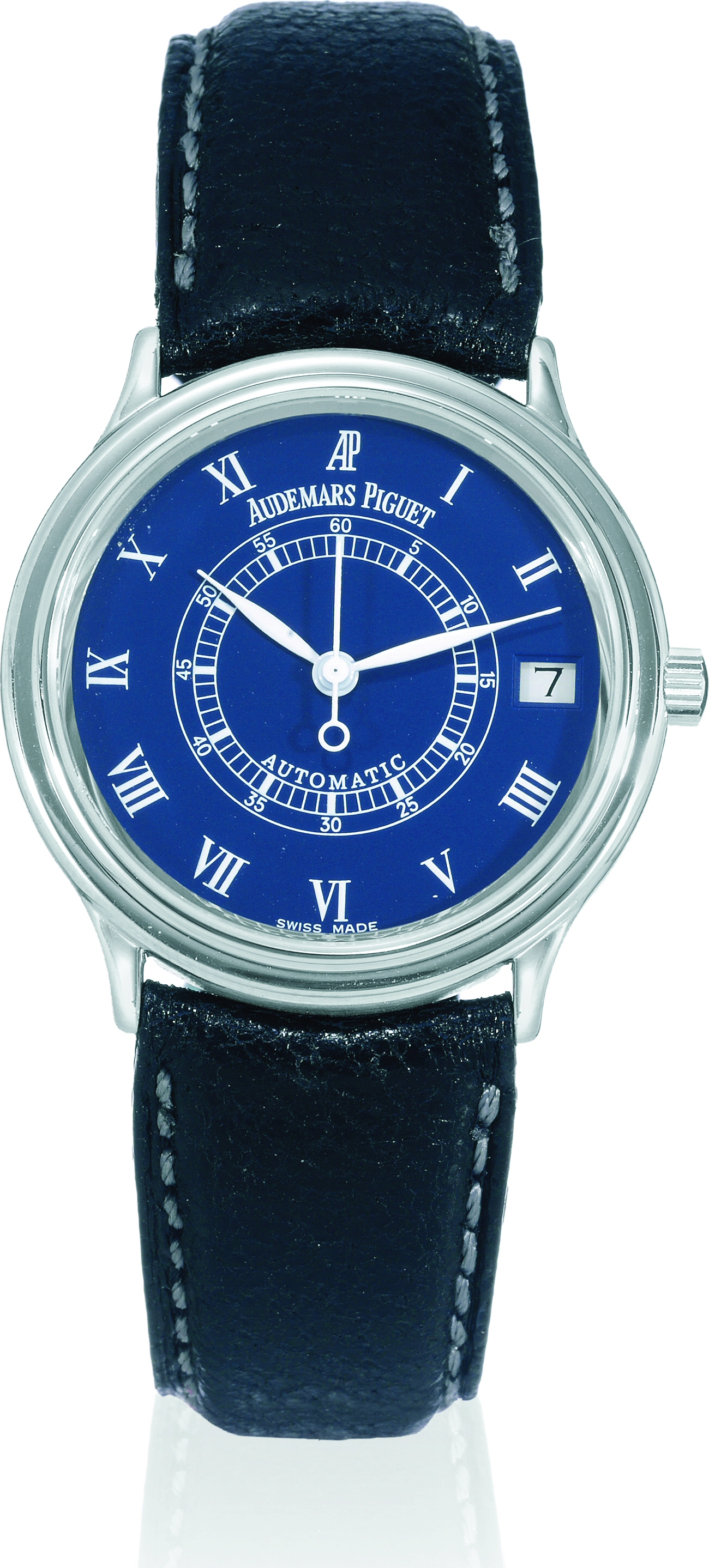 Audemars Piguet, ?Automatic?, case No. D42326, Ref.
14848BC. Made in the late 1990?s.
Fine, thin, self-winding, center seconds, 18K white gold wristwatch
with date and an 18K white gold Audemars Piguet
buckle.
