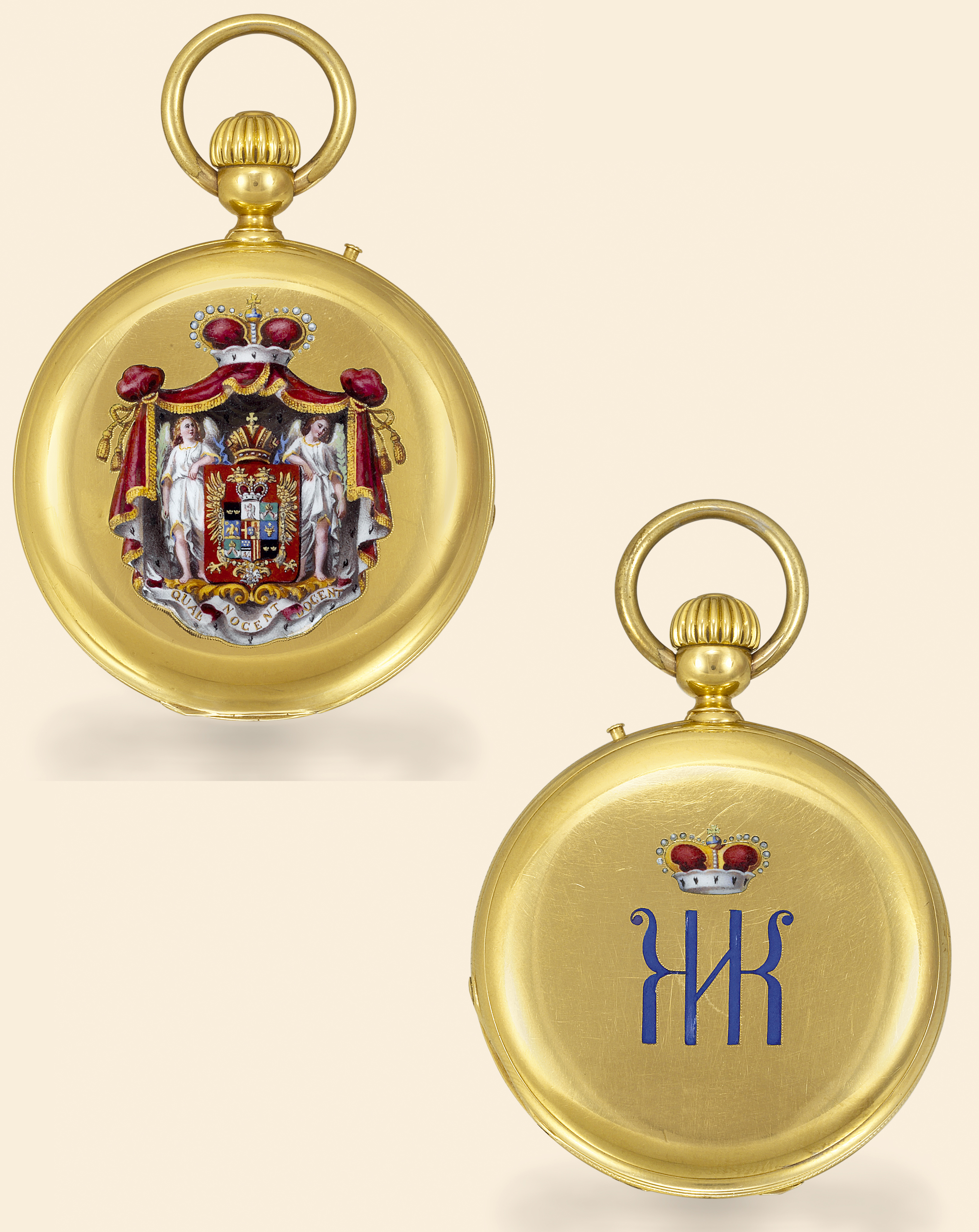 ?Member of the Royal House of Romania?
P. Reynaud & Co., Geneve, No. 2870. Made for a member of the Royal House of Romania,
circa 1870.
Very fine and rare, 18K gold and painted on enamel, hunting-cased, keyless pocket watch.