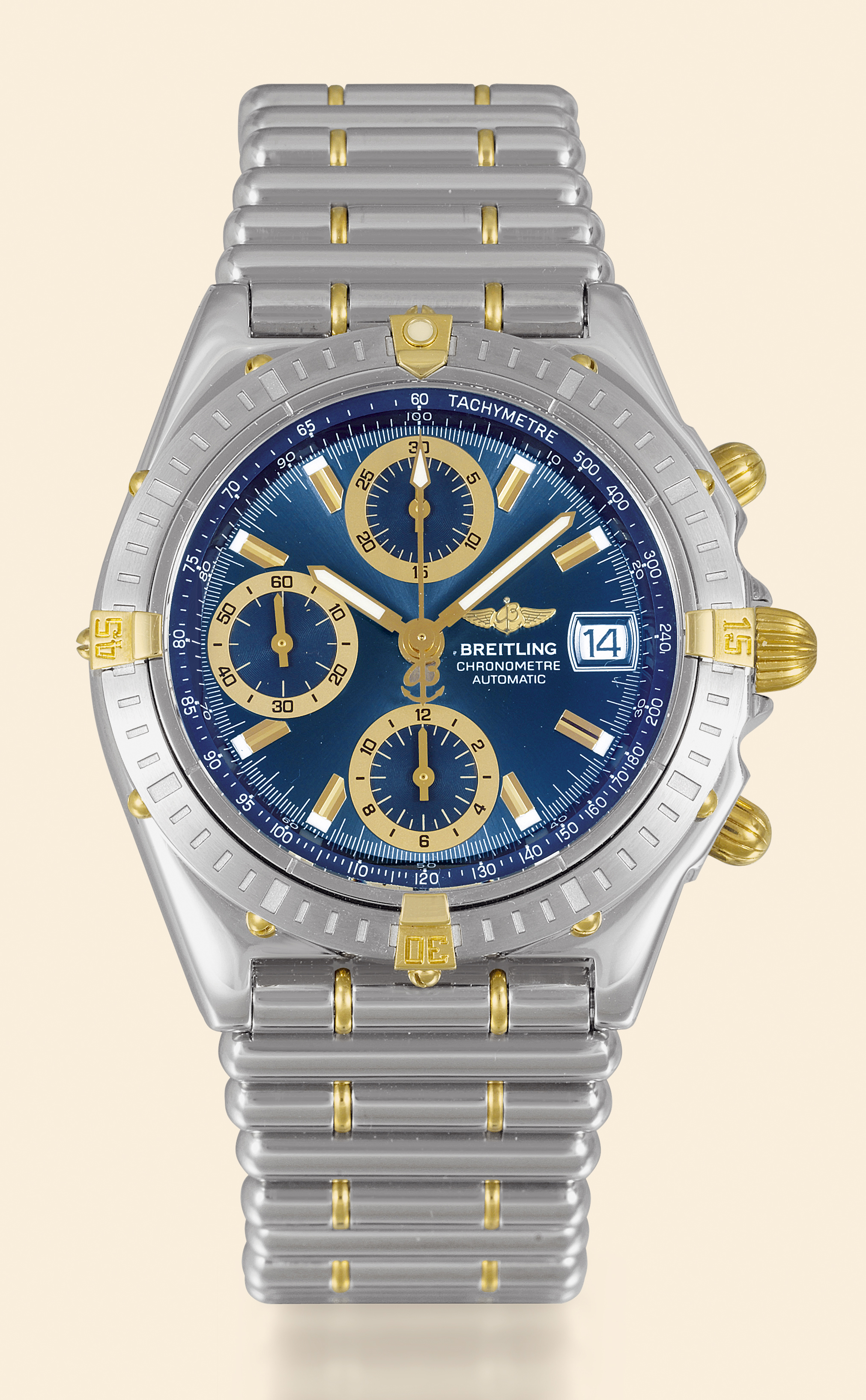 ?Steel and Yellow Gold Chronomat"
Breitling, "Chronometre Automatic", case No. 511026, Ref. B13352. Made in the 1990s.
Fine, water-resistant, stainless steel and 18K yellow gold wristwatch with round button chronograph,
registers, tachometer, date and a stainless steel and 18K yellow gold Breitling bracelet with concealed
double deployant clasp. Accompanied by a guarantee (now void)