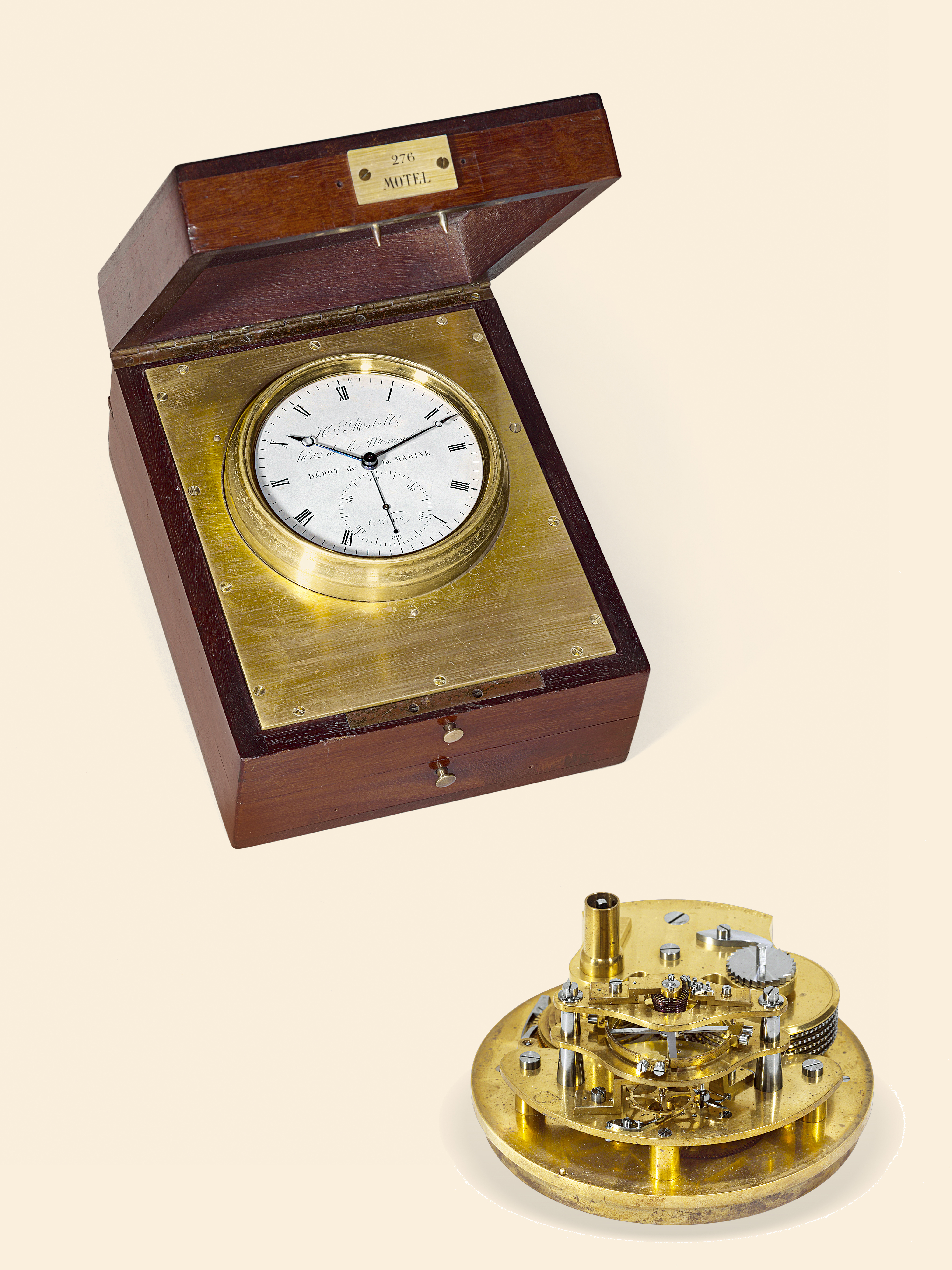 ?Deck Chronometer?
Henri Motel, Horloger de la Marine, Paris, No. 276. Made circa 1850.
Very fine and rare, marine deck watch with pivoted detent escapement.