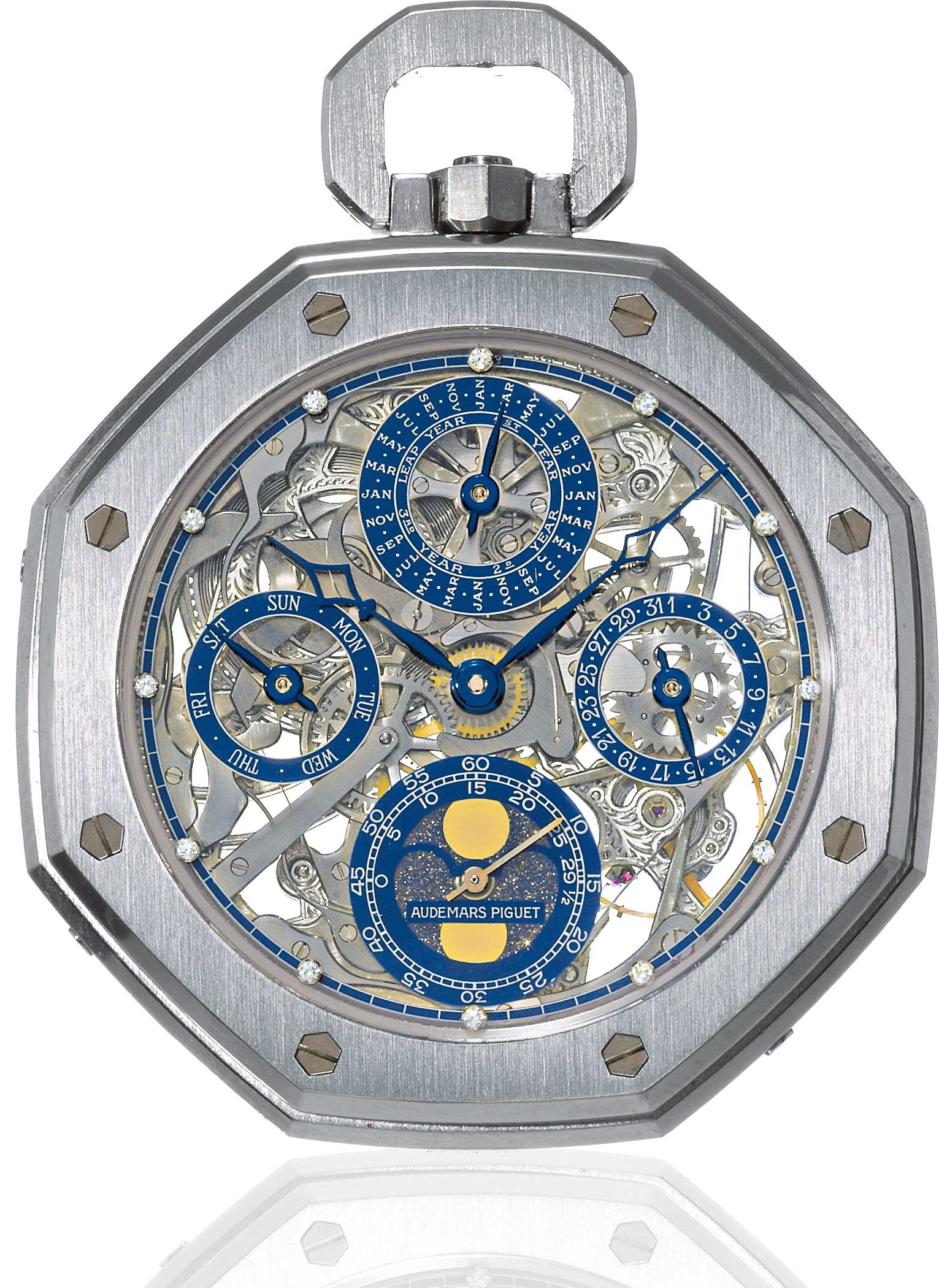Platinum Royal Oak Dress Watch
Audemars Piguet, No 10, movement No 280483, case No. D 22061.10. Made circa 1995.
Extremely fine, platinum, skeleton, keyless dress-watch with perpetual calendar.
