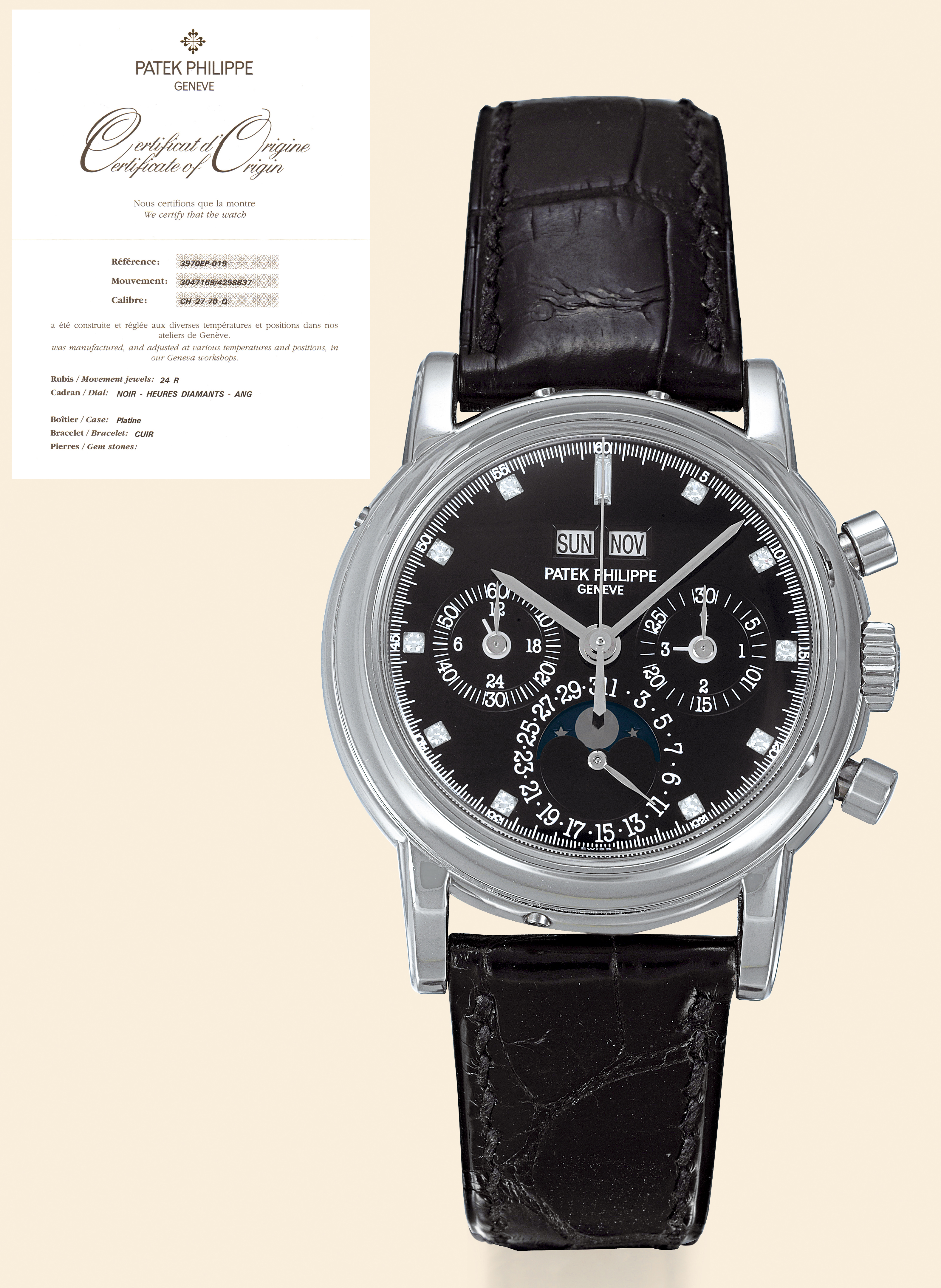 Ref. 3970EP Platinum
Patek Philippe, Genève, movement No.
3047169, case No. 4258837, Ref. 3970EP.
Sold on December 3rd, 2004.
Very fine and important, water-resistant, platinum wristwatch
with diamond-set dial, round button chronograph,
register, perpetual calendar, moon phases and a platinum
Patek Philippe deployant clasp. Accompanied by the original
fitted box, certificate of origin, setting pin and a spare solid
platinum case back.