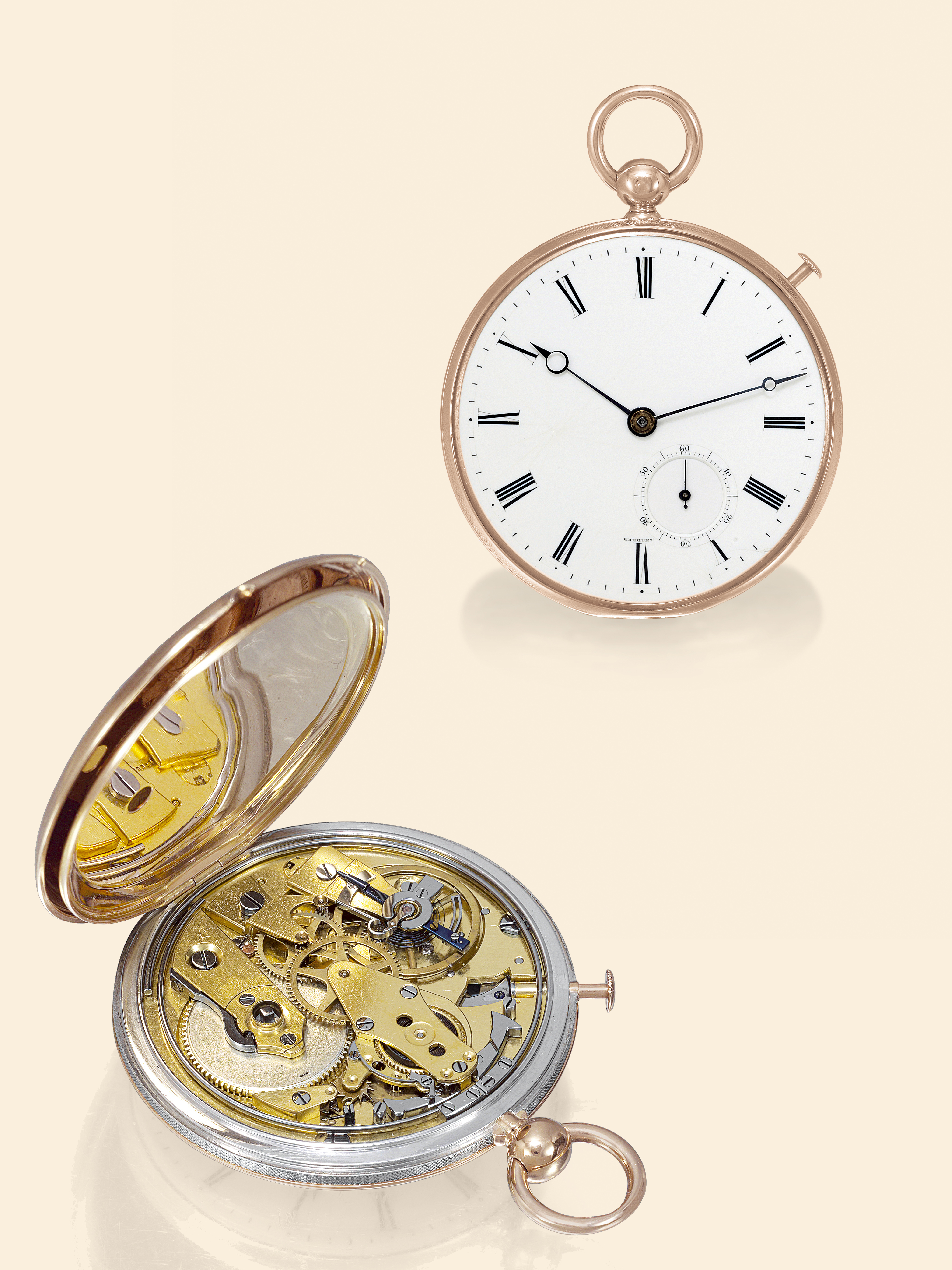 Au Baron Delmare
Breguet, Horloger de la Marine Royale, No.
127, sold to Monsieur Barnewall on
November 18th, 1826 for 1,600 francs, bought back on
September 20th, 1834 for 1,000 francs and re-sold to Baron
Delmare on April 27th, 1835, for 1,800 francs.
Very fine and rare, two-tone, 20K gold and silver, "répétition d'or
moyenne à ponts à 2 marteaux", quarter-repeating pocket
watch with ruby cylinder escapement.
