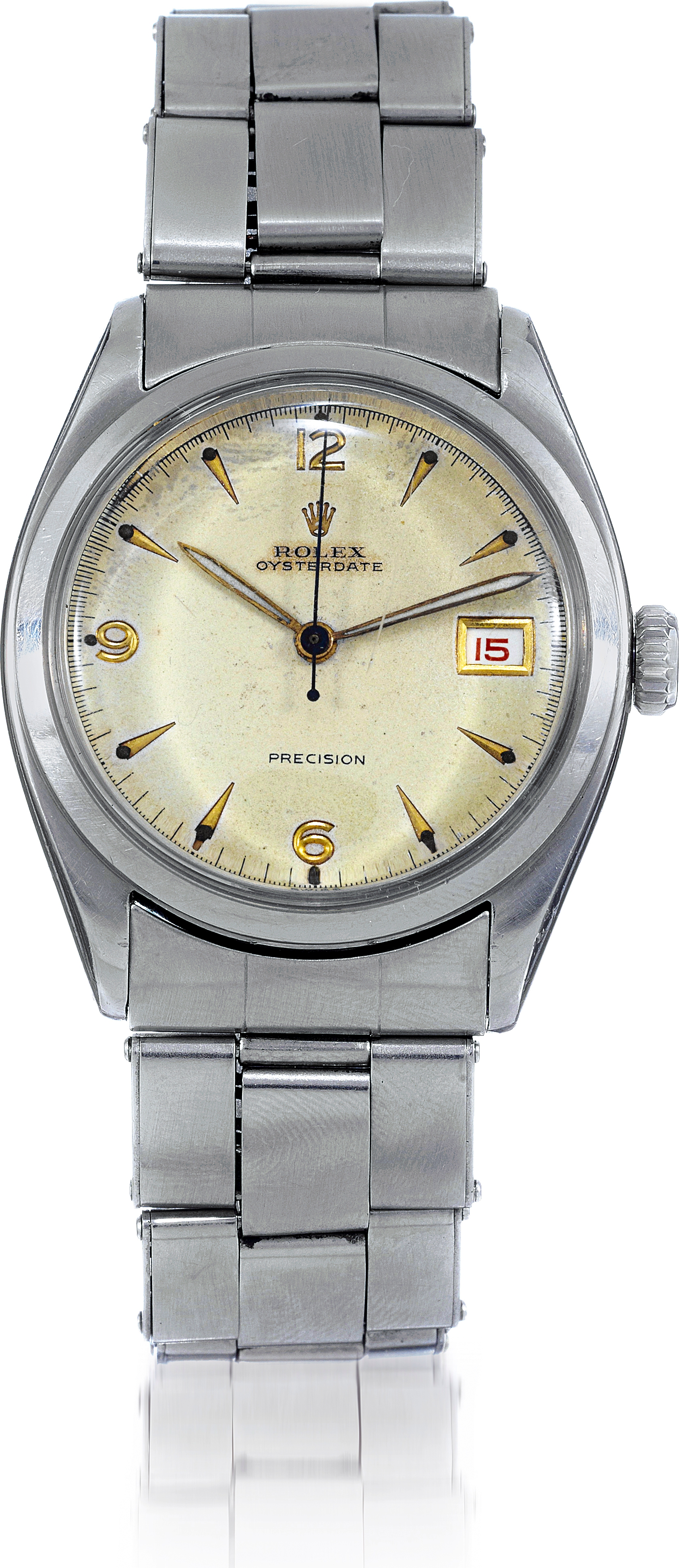 Ref. 6094 Oysterdate
Rolex, ?Oysterdate, Precision?,
Case No. 745061, Ref. 6094/6294. Made in
1961.
Fine and extremely rare, tonneau shaped,
center seconds, water-resistant, stainless
steel wristwatch with date and a stainless
steel Oyster bracelet.