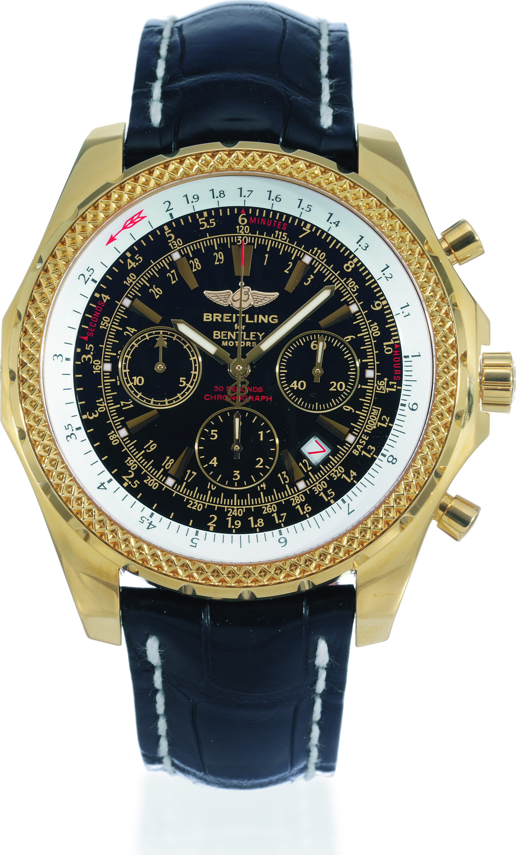 Yellow Gold 30-Seconds Chronograph
Breitling, Genève, for "Bentley Motors - 30-Seconds
Chronograph", Officially Certified Chronometer, Ref. K 25362,
case No. 713937. Made in a special edition in 2003 to commemorate
Bentley's participation in the ?24 Hours of Le Mans? races
and to celebrate its collaboration with Breitling.
Fine and rare, oversized, self-winding, water-resistant, 18K
yellow gold wristwatch with round button chronograph, registers,
tachometer, date, slide-rule and an 18K y
