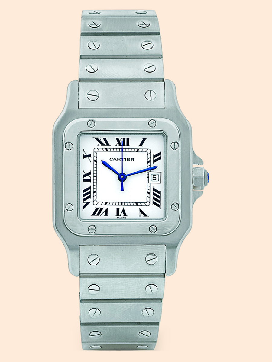 Santos Carrée
Cartier, "Santos Carrée", Automatic. Made in the 1980s.
Fine, square, center seconds, self-winding, water-resistant, stainless steel mid-size wristwatch with date and
an integrated, stainless steel Cartier bracelet with deployant clasp.