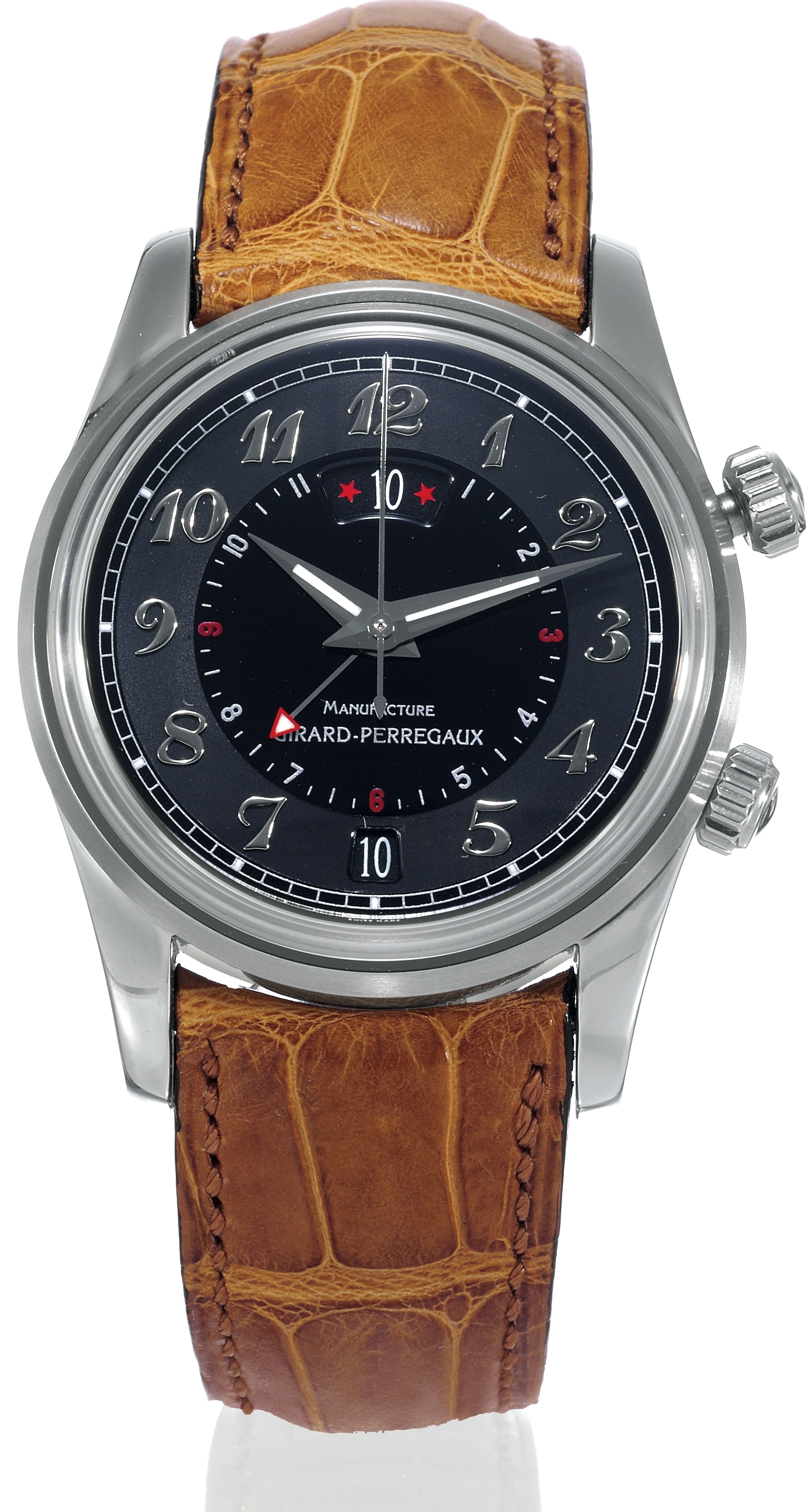 Traveller II Time-Zone Alarm
Automatic
Girard-Perregaux, "Traveller II Time Zone -
Alarm Automatic", No. 1803, Ref. 4940.
Made circa 2000.
Fine, two-time-zone, self-winding, waterresistant
to 3 ATM, stainless steel wristwatch
with center-seconds, 24-hour indication,
alarm, date and a stainless steel Girard-
Perregaux buckle.