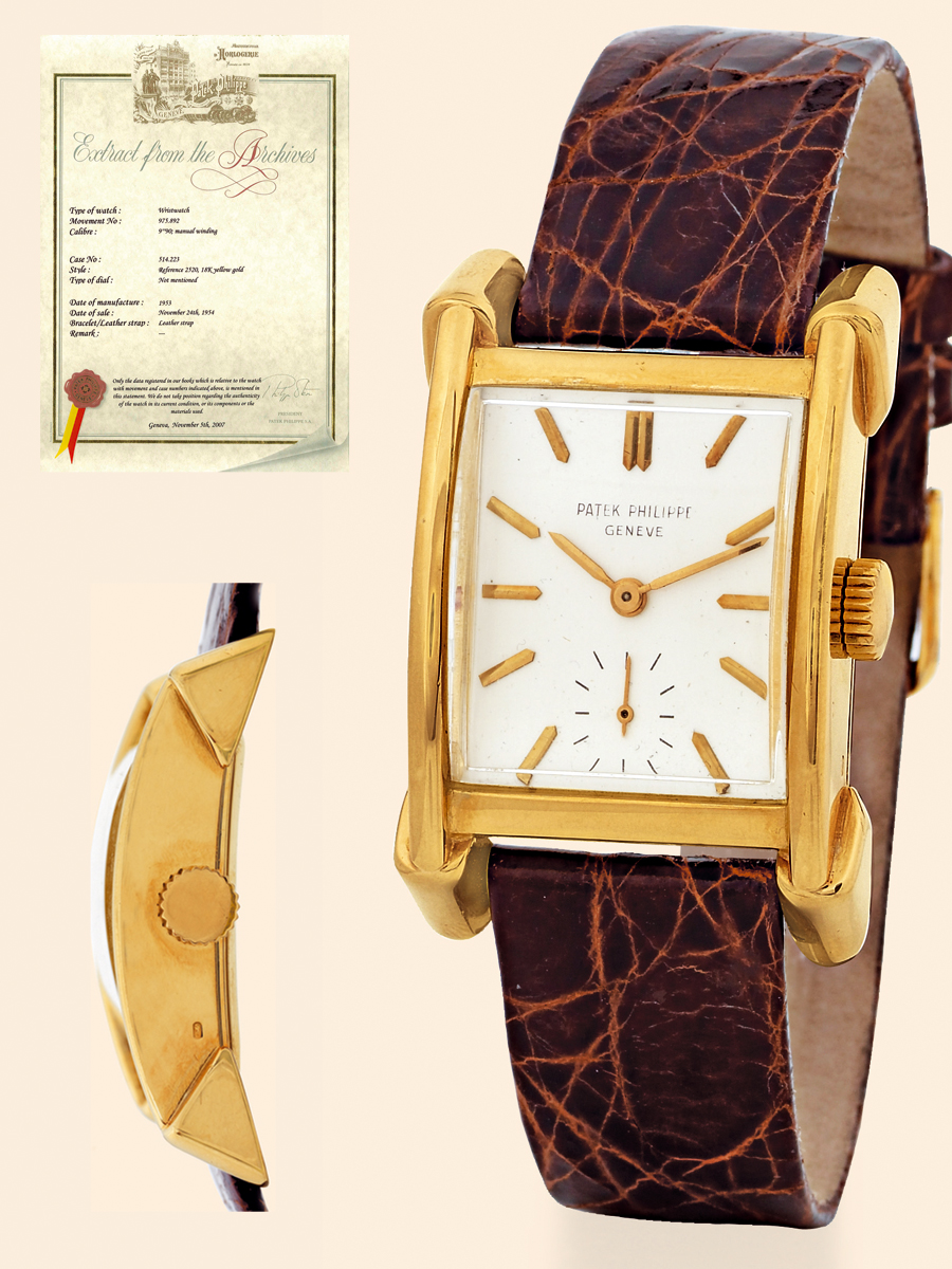 Yellow Gold Ref. 2520?
Patek Philippe & Cie, Genève, No. 975892,
case No. 514223, Ref. 2520. Production of
this reference started in 1952.
Very fine and rare, rectangular curved, 18K yellow gold wristwatch.
Accompanied by an Extract from the Archives.