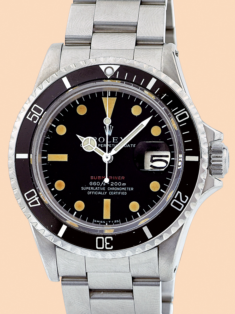 Red Submariner
Rolex, "Oyster Perpetual Date, Submariner, 660 ft. / 200 m., Superlative Chronometer, Officially Certified",
Ref. 1680. Made in 1970.
Fine and rare, center seconds, self-winding, water-resistant to 200 m, stainless steel wristwatch with red
"Submariner" dial, date and a stainless steel Rolex "Fliplock" Oyster bracelet.