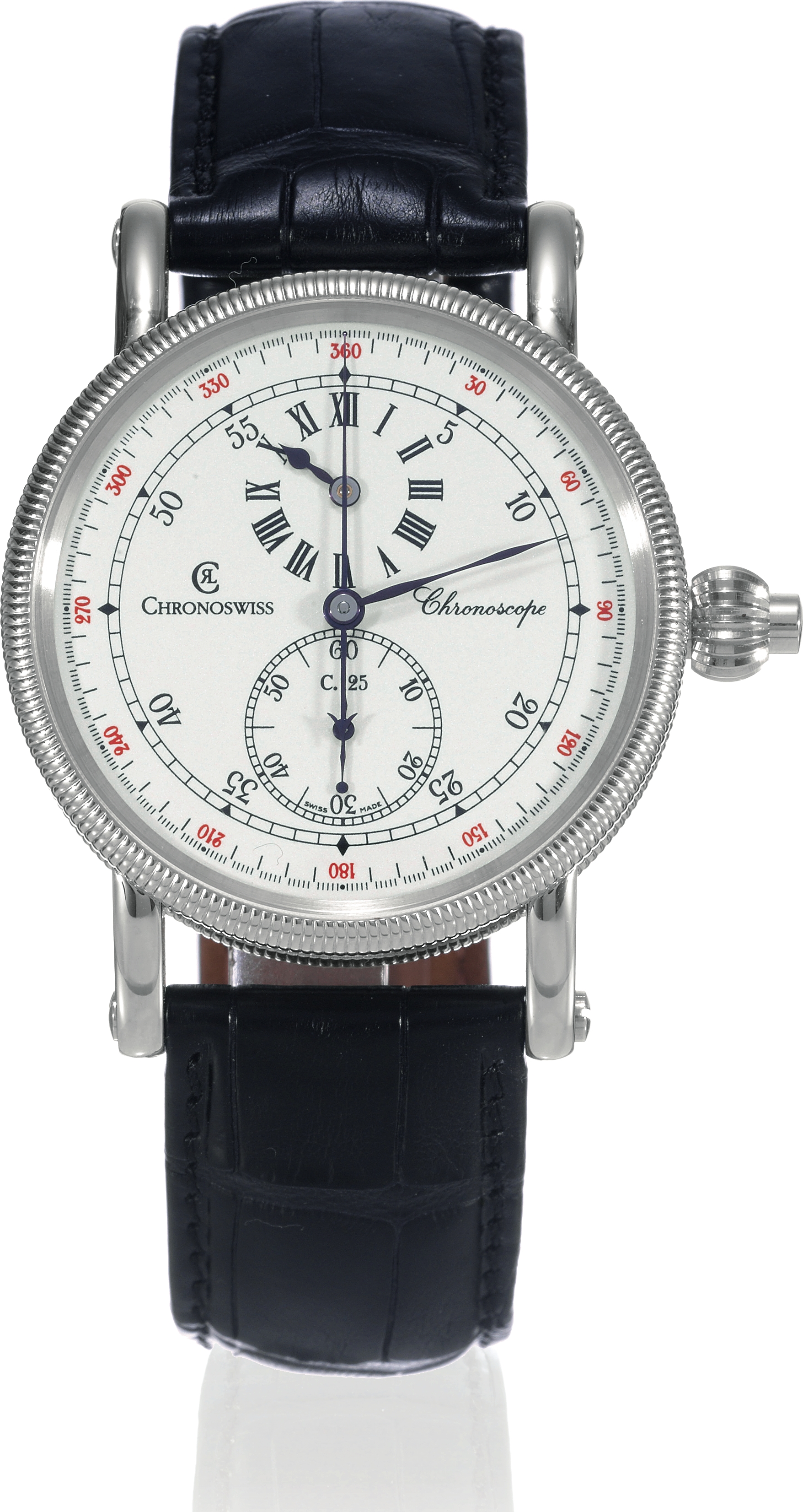 Chronoscope
Chronoswiss, ?Chronoscope?, No. 03798, Ref. CH 1523. Sold on October 10, 2007.
Fine, stainless steel, self-winding, water-resistant, wristwatch with single button chronograph, regulator dial and a stainless steel
Chronoswiss box. Accompanied by a Chronoswiss Guarantee and instructions.