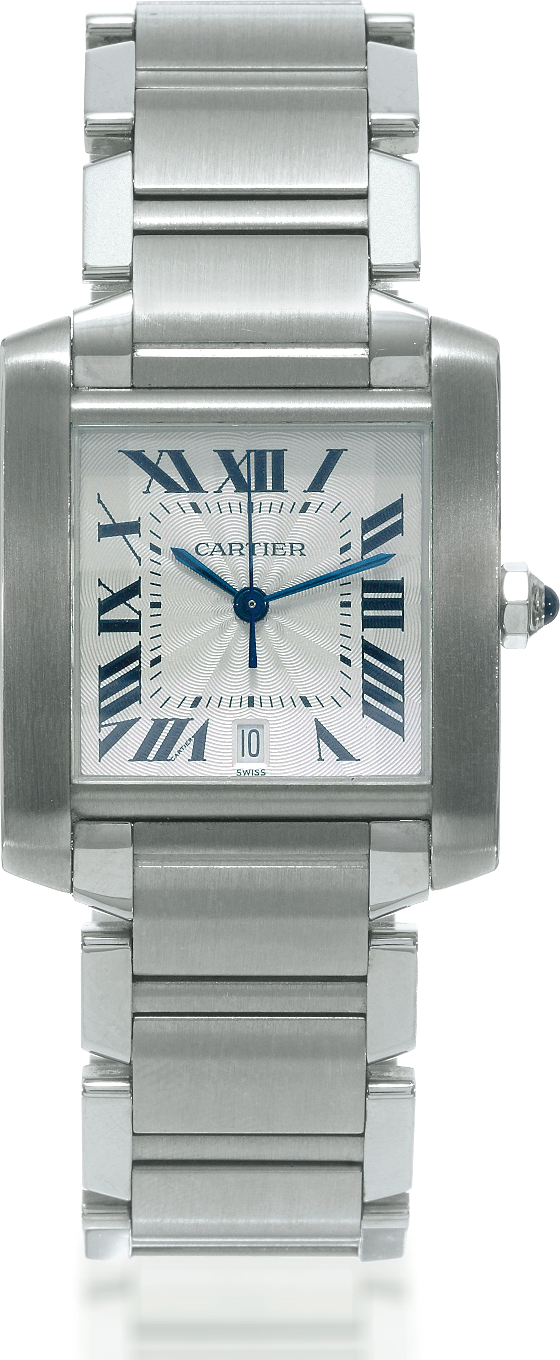 Tank Française
Cartier, ?Tank Française?, case No. CC779201, Ref.
2302. Made circa 2000.
Fine and elegant, square and curved, center seconds, selfwinding,
water-resistant, stainless steel wristwatch with date and
a stainless steel Cartier bracelet with double deployant clasp.