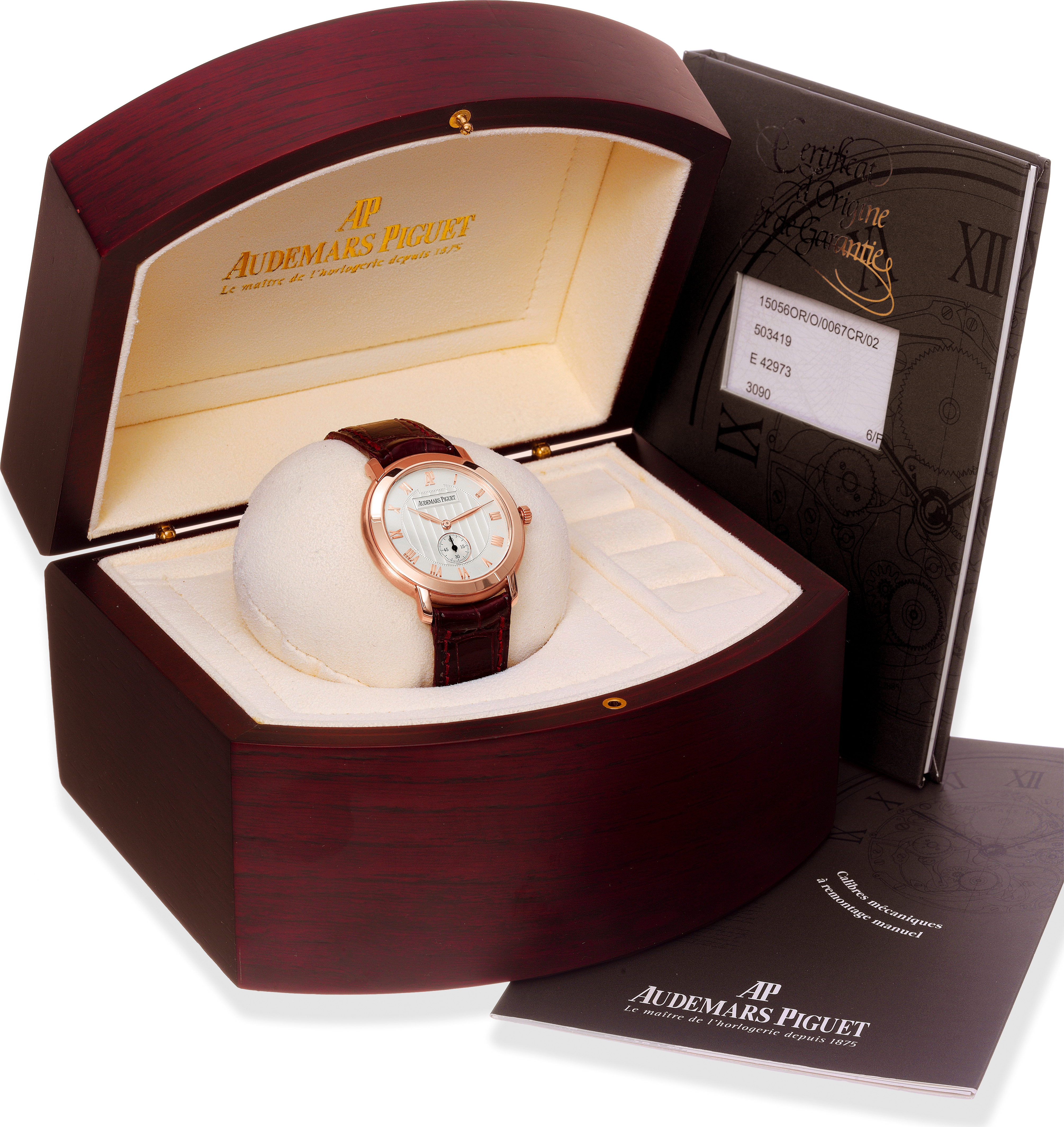 Pink Gold Jules Audemars
Audemars Piguet, "Jules Audemars", movement No. 503419, case No. E 42973. Made in the 1990s.
Fine and elegant, 18K pink gold wristwatch with an 18K pink gold Audemars Piguet buckle. Accompanied by a
Certificate.