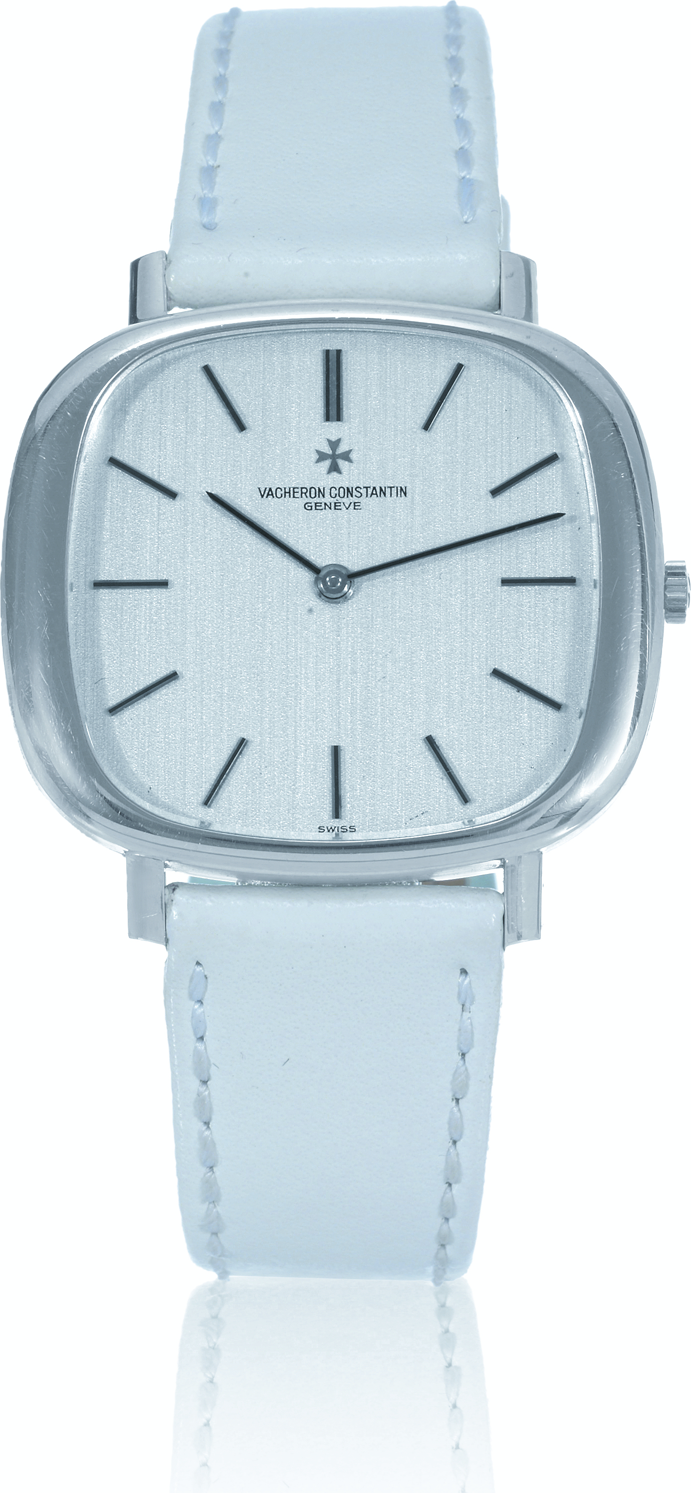 Vacheron Constantin, Genève,
movement No. 672997, case
No. 498678, Ref. 2096P. Made
in the 1970?s.
Fine, very thin, cushion-shaped, 18K white
gold wristwatch.