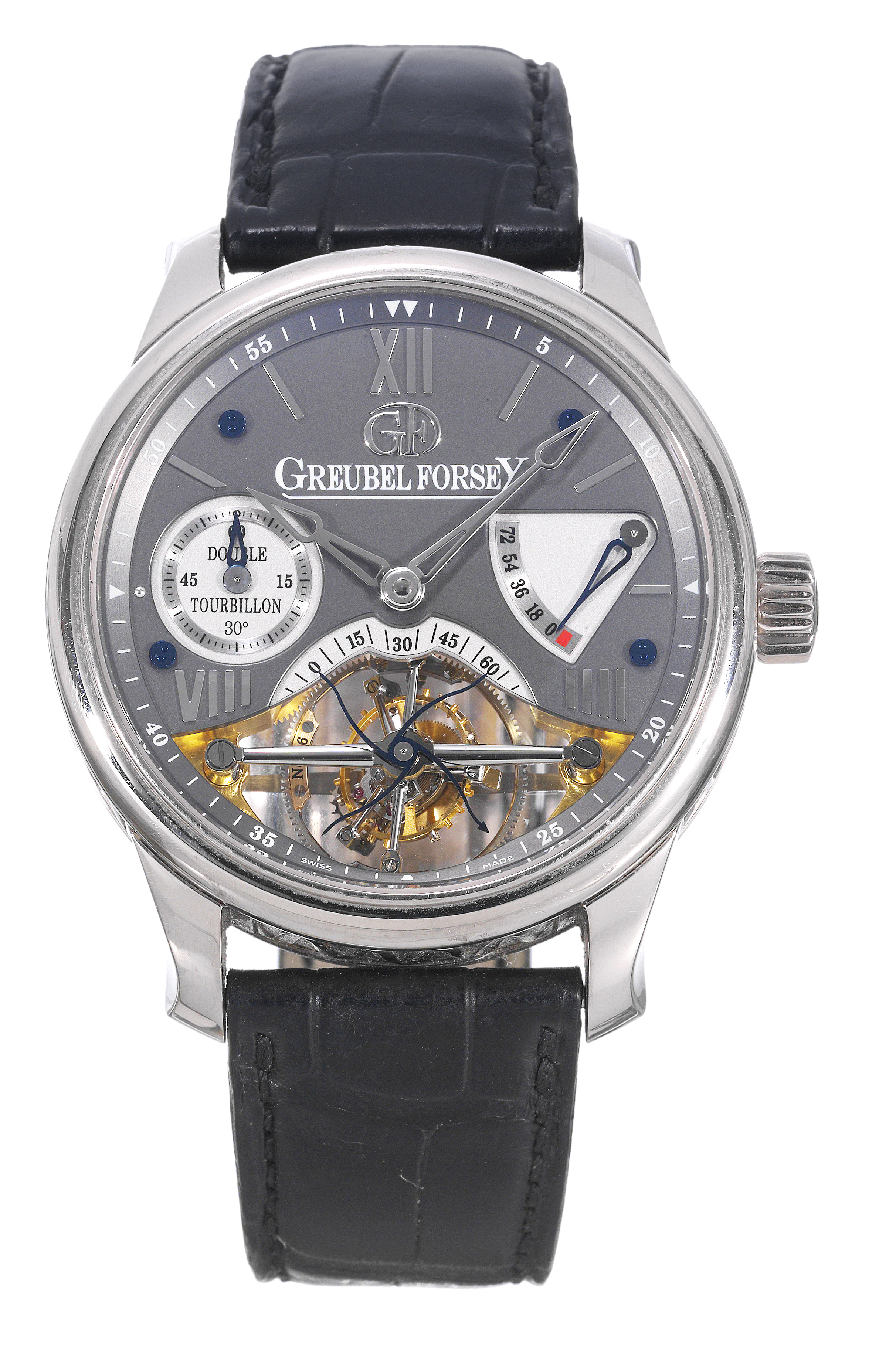 Double Tourbillon 30° Vision
Greubel Forsey, Inventeurs Horlogers, ?Double Tourbillon 30° Vision?, movement No. 0580, No. 16, case
No. 00566. Made in the 2000s.
Extremely fine and rare, important, heavy, water-resistant, 18K white gold wristwatch with 30° inclined visible inner oneminute
tourbillon regulator, visible outer four-minutes tourbillon regulator with four minutes rotation indicator, twin
barrels, 72-hour power reserve and an 18K white gold Greubel Forsey double deployant clasp.
