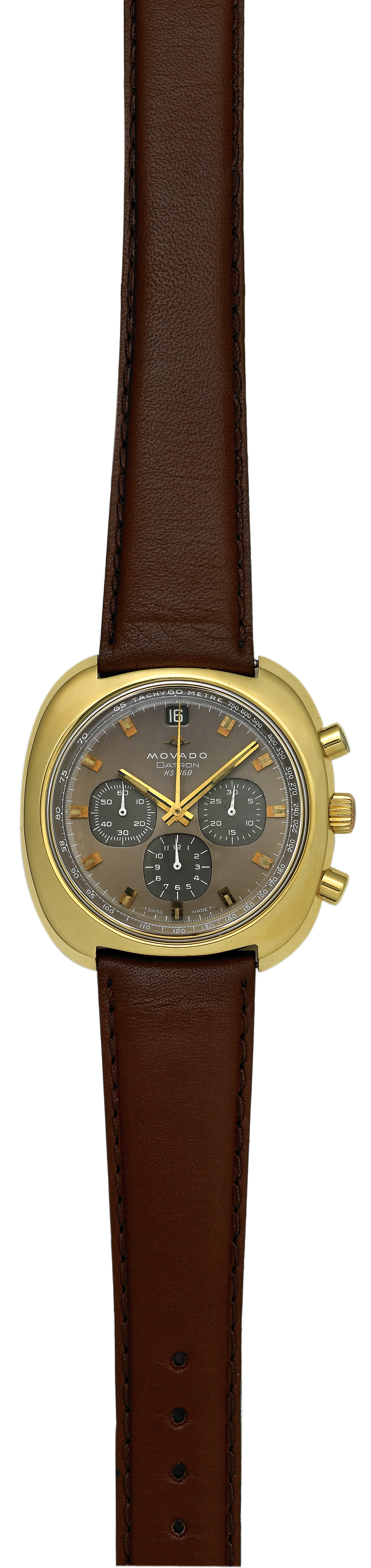 Movado, "Datron HS 360." Chronograph, Automatic,
Ref. 6718. Made in the 1970s.
Fine, cushion-shaped, self-winding,water-resistant, 18K
yellow gold wristwatch with date, round button chronograph,
registers and tachometer.