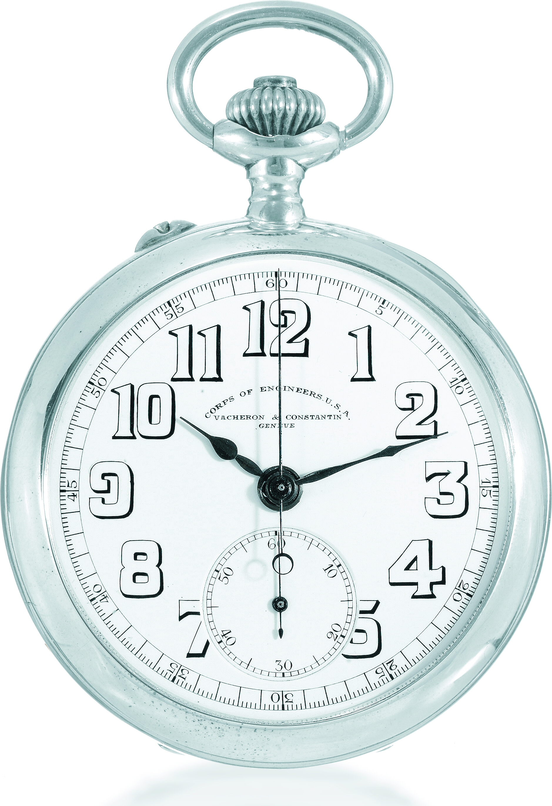 Corps of Engineers USA
Vacheron & Constantin, Genève, No. 380885, case No. 234632. Made for the U.S. Army Corps of Engineers
in 1918.
Fine and interesting, keyless, silver pocket watch with chronograph.