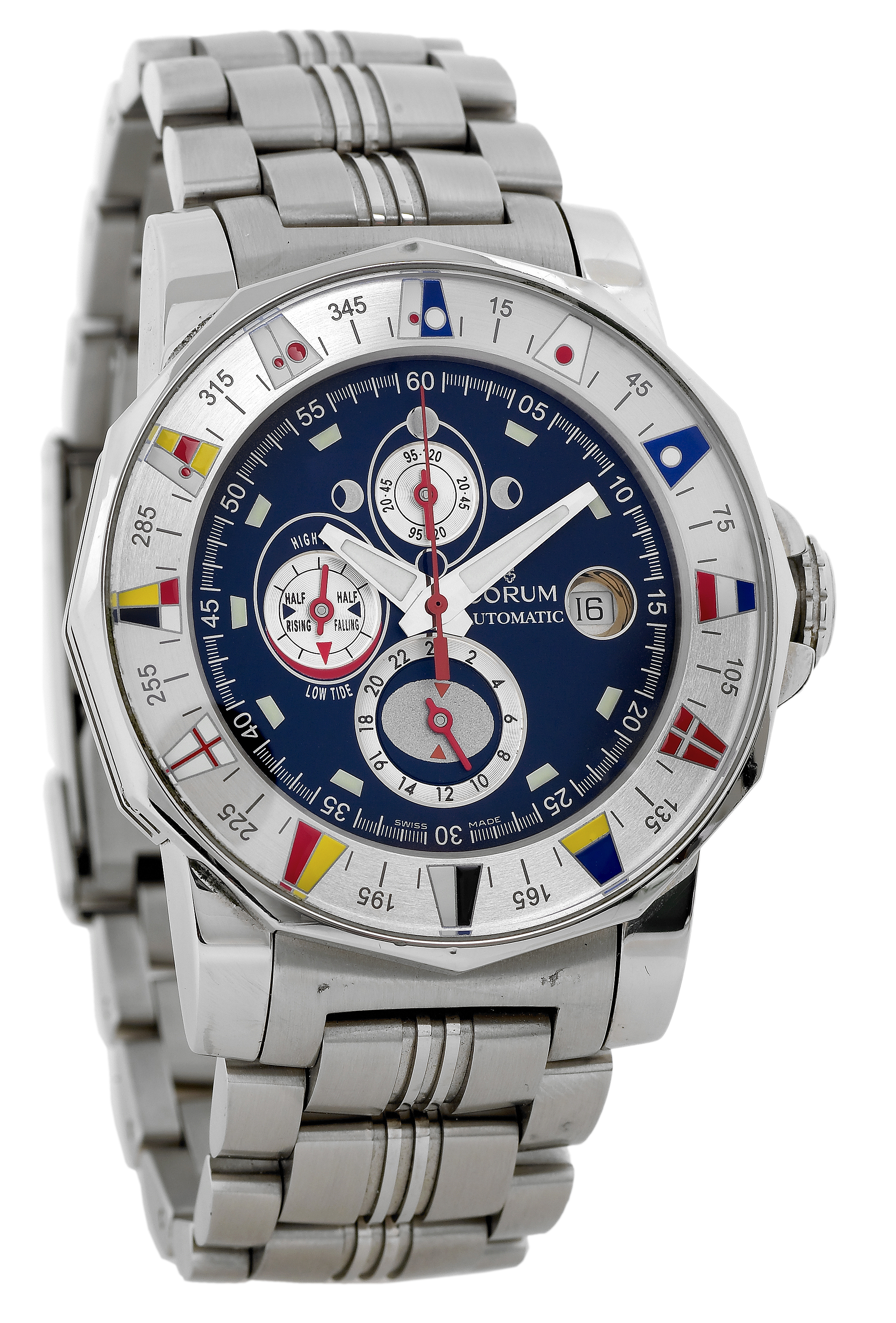 Admiral?s Cup Marees 44
Corum, Certified Chronometer, Automatic, "Admiral's
Cup Marees 44," Ref. 977.630.20. Made circa 2004.
Fine and unusual, dodecagonal, center seconds, self-winding,
water-resistant, stainless steel wristwatch with 42-hour power
reserve, tidemovement indication, date,moon phases and a stainless
steel Corum link bracelet with deployant clasp. Accompanied
by a fitted box and certificate.