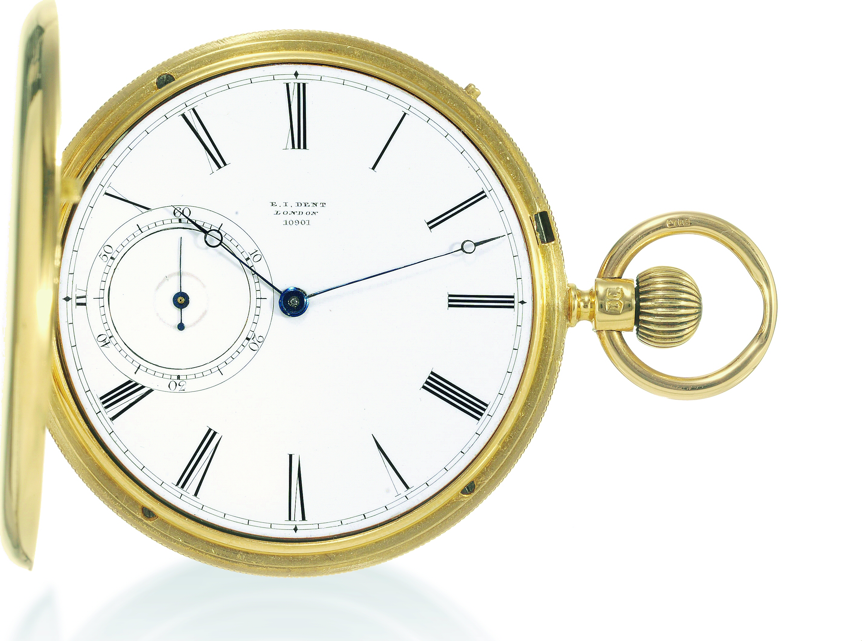 E(dward) J(ohn) Dent, Watchmaker to the Queen, London, No.10901/10899, the movement supplied by
Adolphe Nicole & Jules Capt, No. 942. Indistinct London hallmarks, made circa 1850.
Very fine and thin, hunting cased, 18K gold pocket watch with early Adolphe Nicole patent keyless winding
mechanism and duplex escapement.