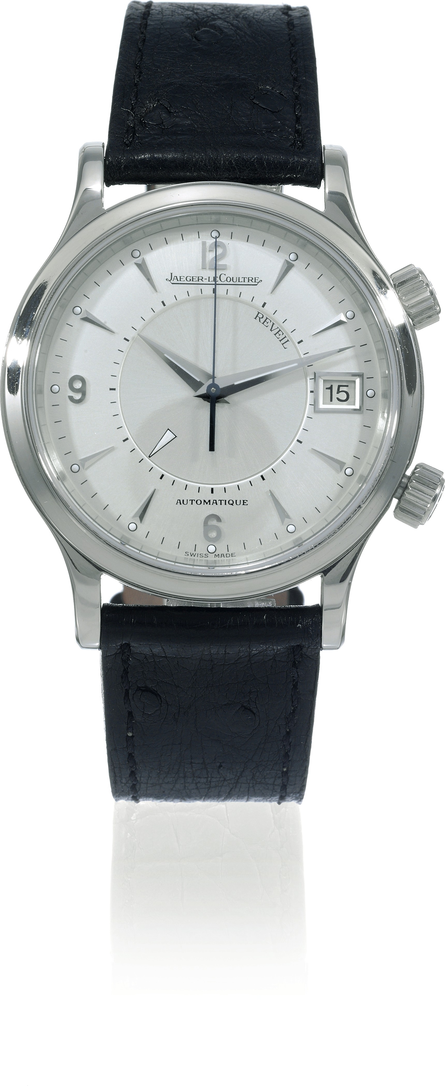 Jaeger-LeCoultre, ?Réveil, Automatique?, "Master Control 1000 Hours?, No. 4962, Ref. 141.8.97/1. Made in 2002.
Very fine, center-seconds, self-winding, water-resistant, stainless steel wristwatch with mechanical alarm, 2 crowns, date
and a stainless steel Jaeger-LeCoultre deployant clasp.
