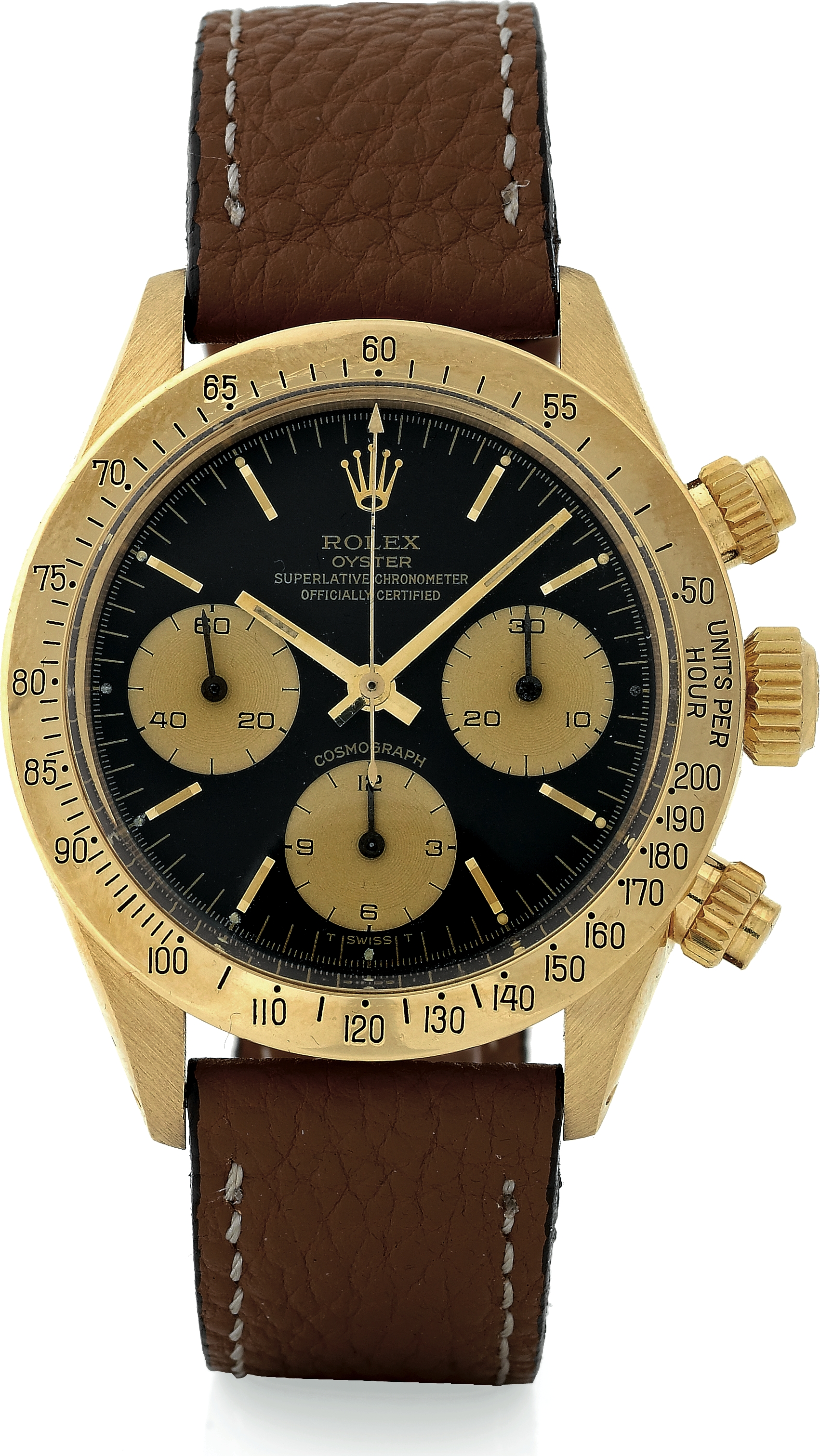 Yellow Gold Ref. 6265
Rolex, Oyster, Cosmograph, Superlative Chronometer, Officially Certified, Ref. 6265. Made circa 1980.
Very fine and rare, water-resistant, 18K yellow gold wristwatch with yellow gold bezel, round button chronograph,
registers, tachometer and a Rolex buckle.