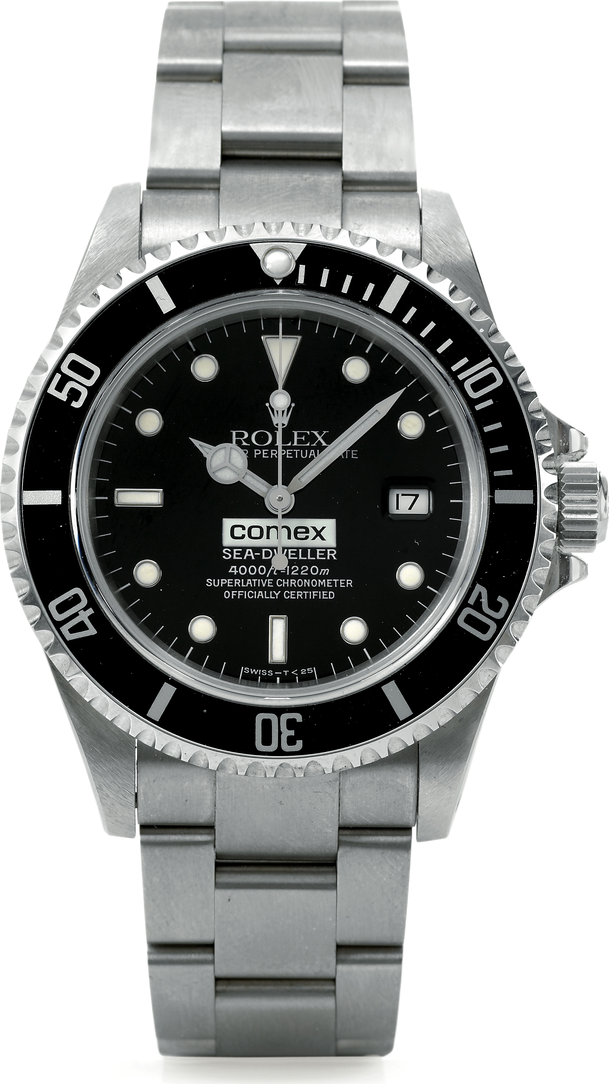 Ref. 16660, Comex
Rolex, ?Oyster Perpetual Date, Comex, Sea Dweller 4000ft=1220m, Superlative Chronometer Officially Certified?,
Ref. 16660. Made circa 1980.
Fine and rare, center seconds, self-winding, water-resistant, stainless steel gentleman's wristwatch with second generation gasescape
valve, date and stainless steel ?Oysterlock? bracelet. Accompanied by its original warranty (now void), booklets, anchor
and original fitted box.