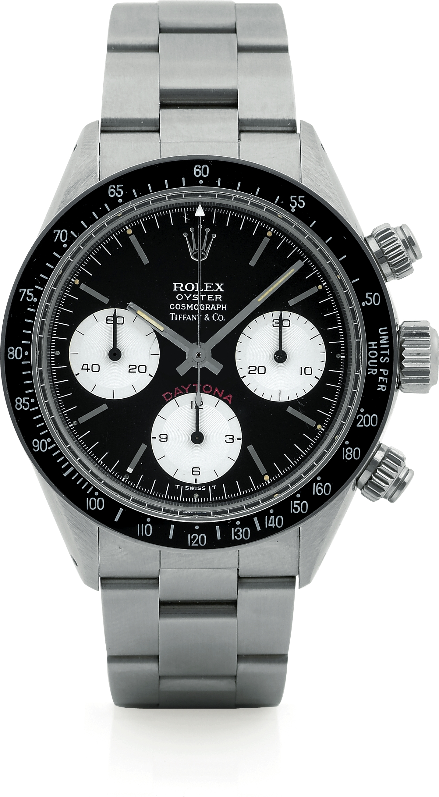 Ref. 6263, Retailed by Tiffany & Co.
Rolex, "Oyster, Cosmograph, Daytona", case No. 5503446, Ref. 6263, retailed by Tiffany & Co. Made
in the early 1980s.
Fine, water-resistant, stainless steel wristwatch with round button chronograph, registers, anti-reflective black
bezel with tachometer, and a stainless steel Rolex Oyster bracelet.