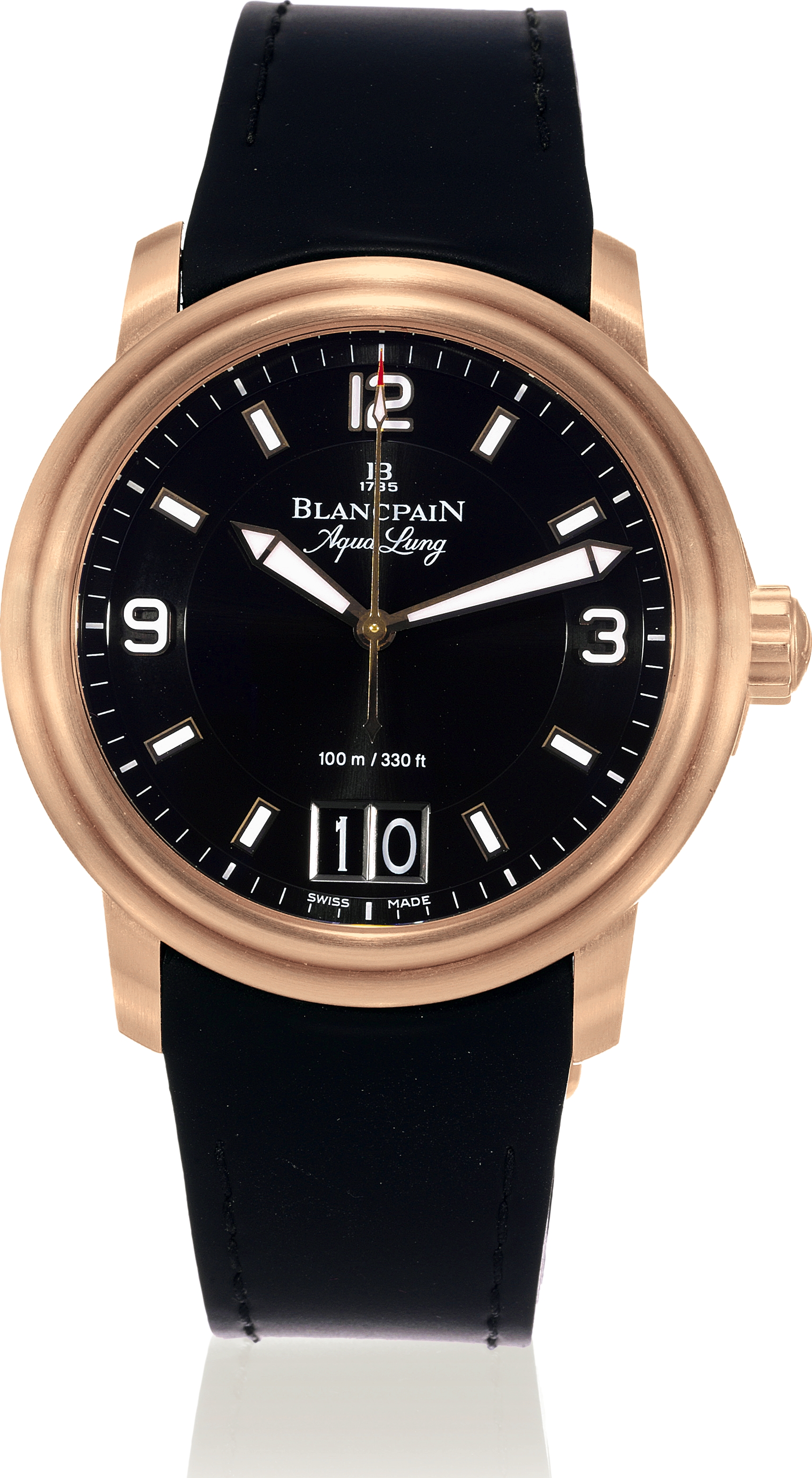 Aqua Lung
Blancpain, "Aqua Lung - Leman", No. 5, Ref. 2850B
3630 64B. Sold on November 19, 2007.
Very fine, center-seconds, self-winding, water-resistant to 100m,
18K brushed pink gold wristwatch with large date and an 18K
pink gold deployant clasp. Accompanied by Blancpain booklets.
